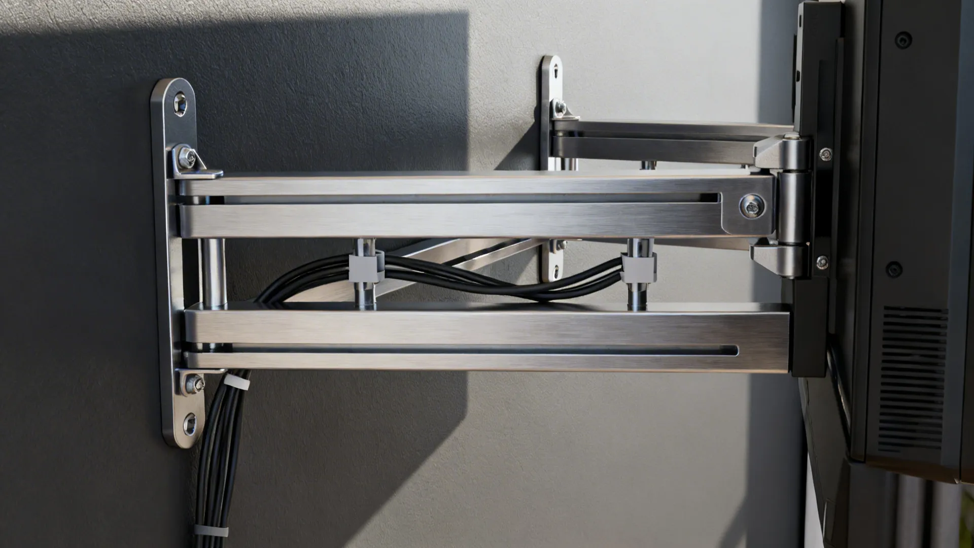 Macro of a full-motion TV wall mount with cable clips and sturdy anchors.