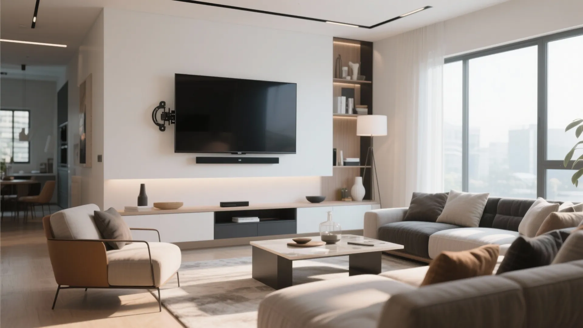 Living room interior design drawing with a television on a wall mount and large windows
