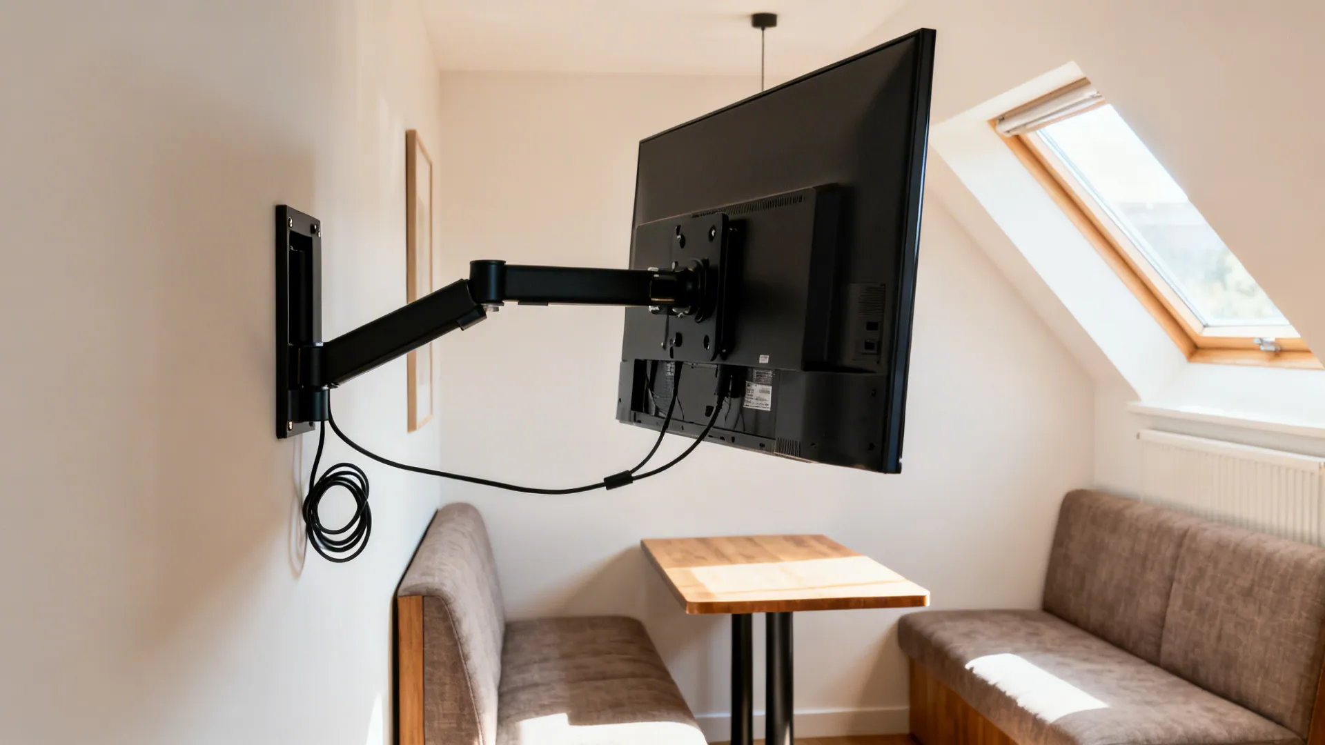 Small living-dining room with a TV on a swivel arm angled toward a bistro table.