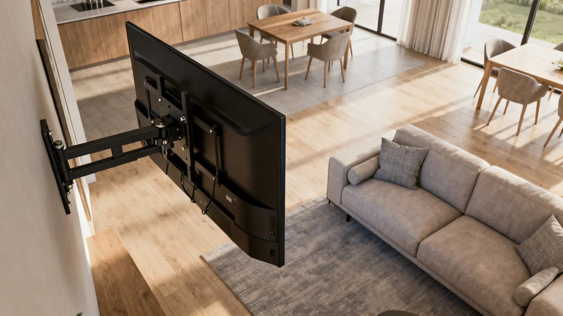50-inch TV on an articulating swivel mount angled between sofa and dining area in open-plan living