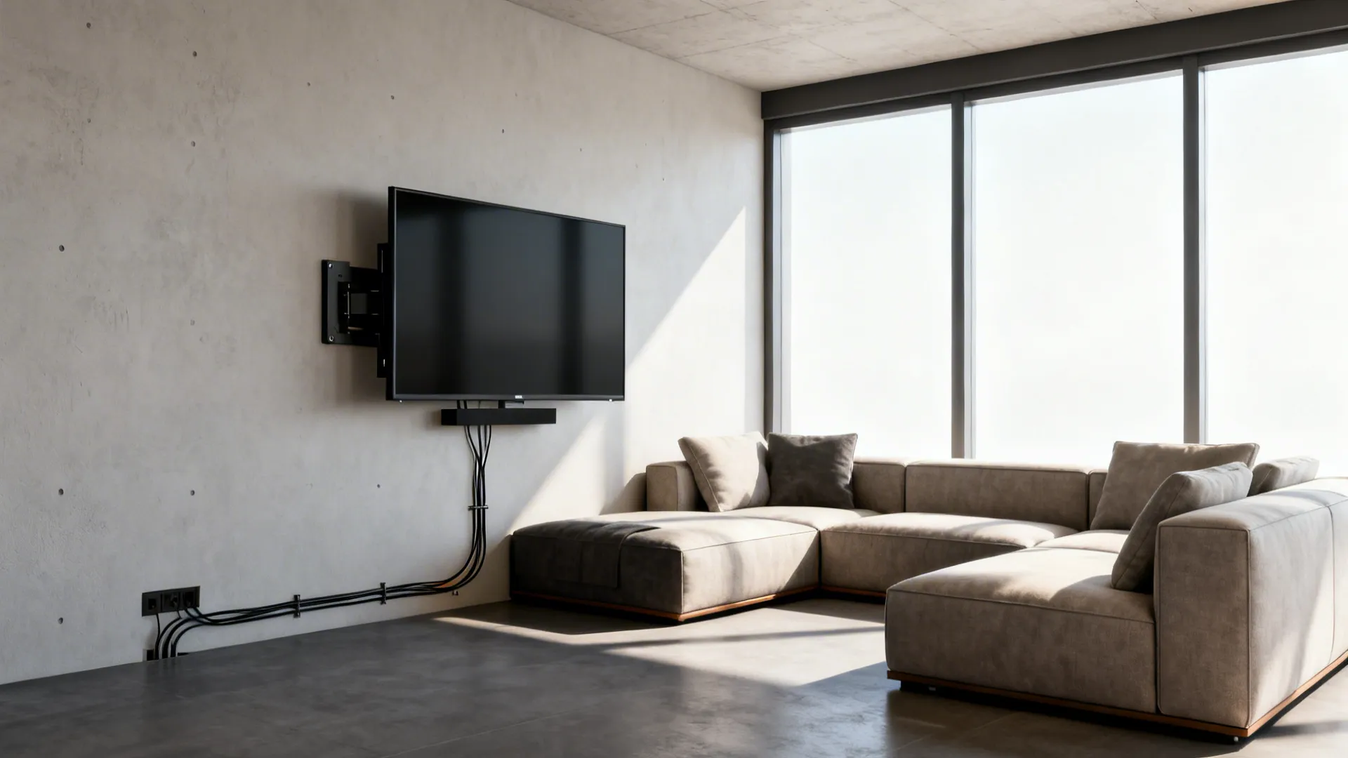 Wall mounted TV on swivel bracket in modern room with large sofa and floor windows