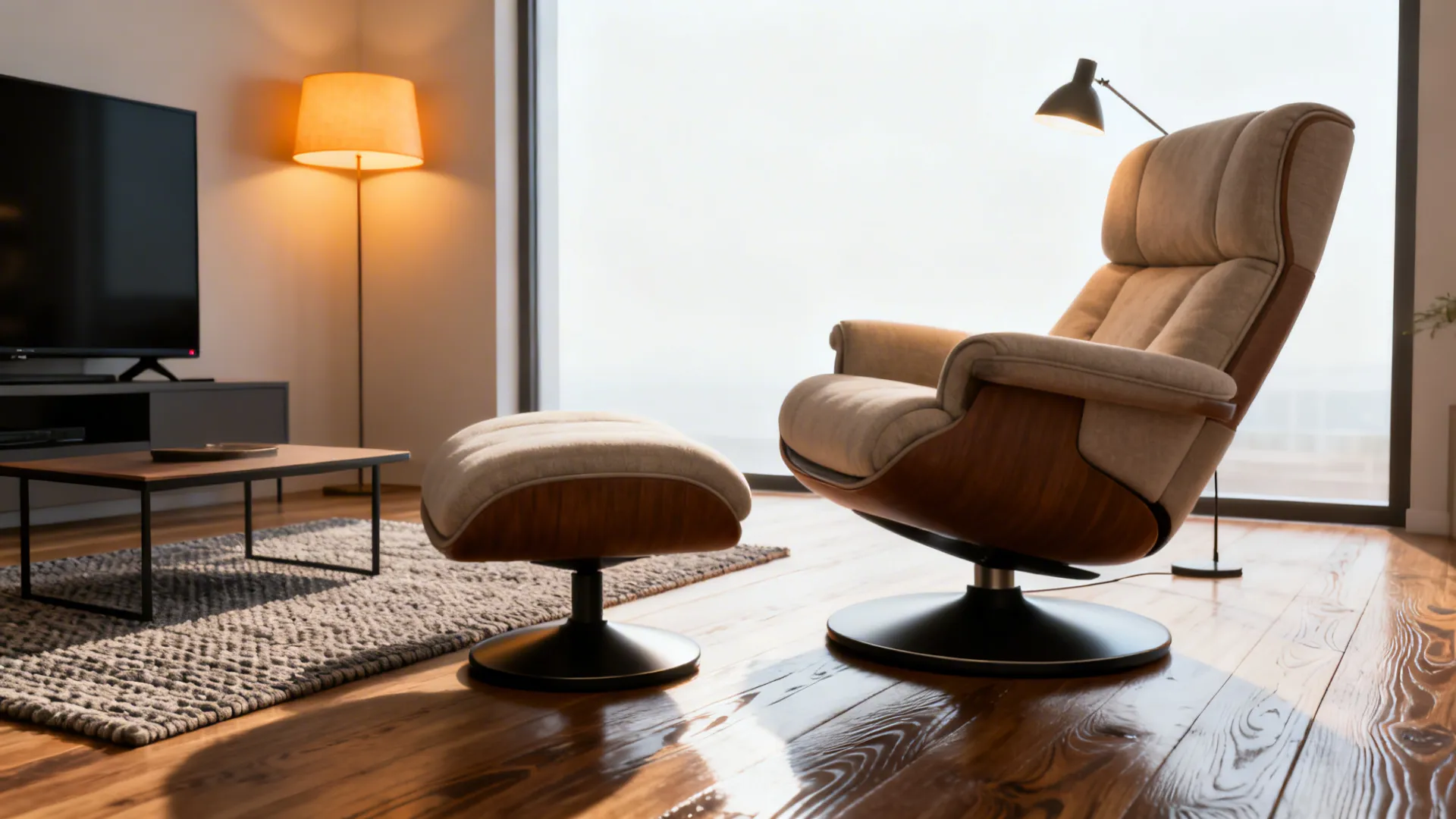 Swivel recliner in a multifunctional living room turned toward TV and lamp to show adaptability.