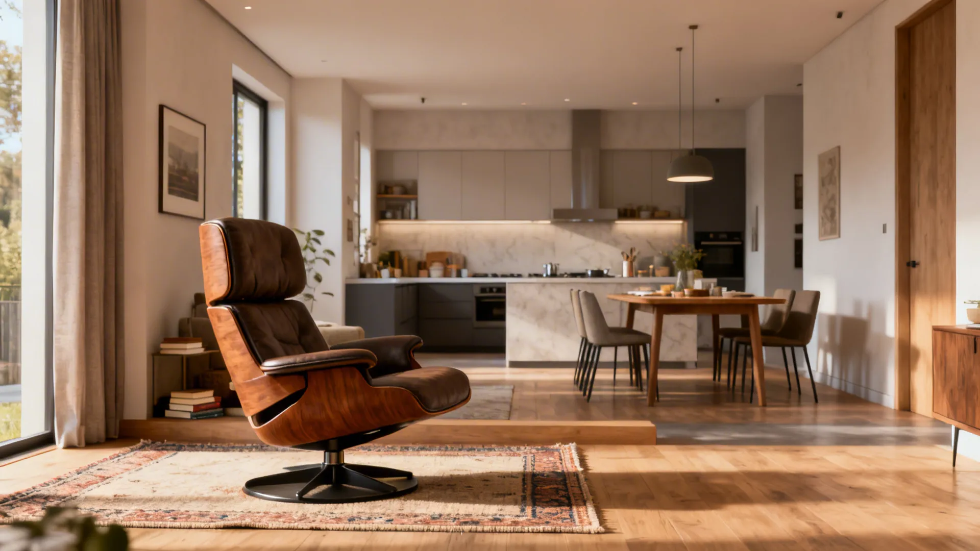 Brown leather swivel chair in modern living room with dining area and open kitchen space