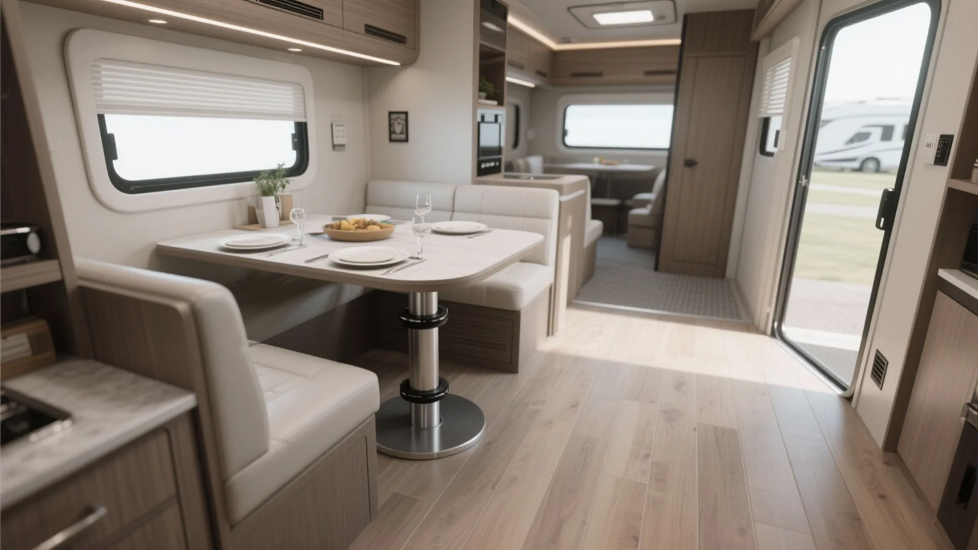Spacious motorhome interior showing wooden floor with white sofa booth and metal pedestal dining table