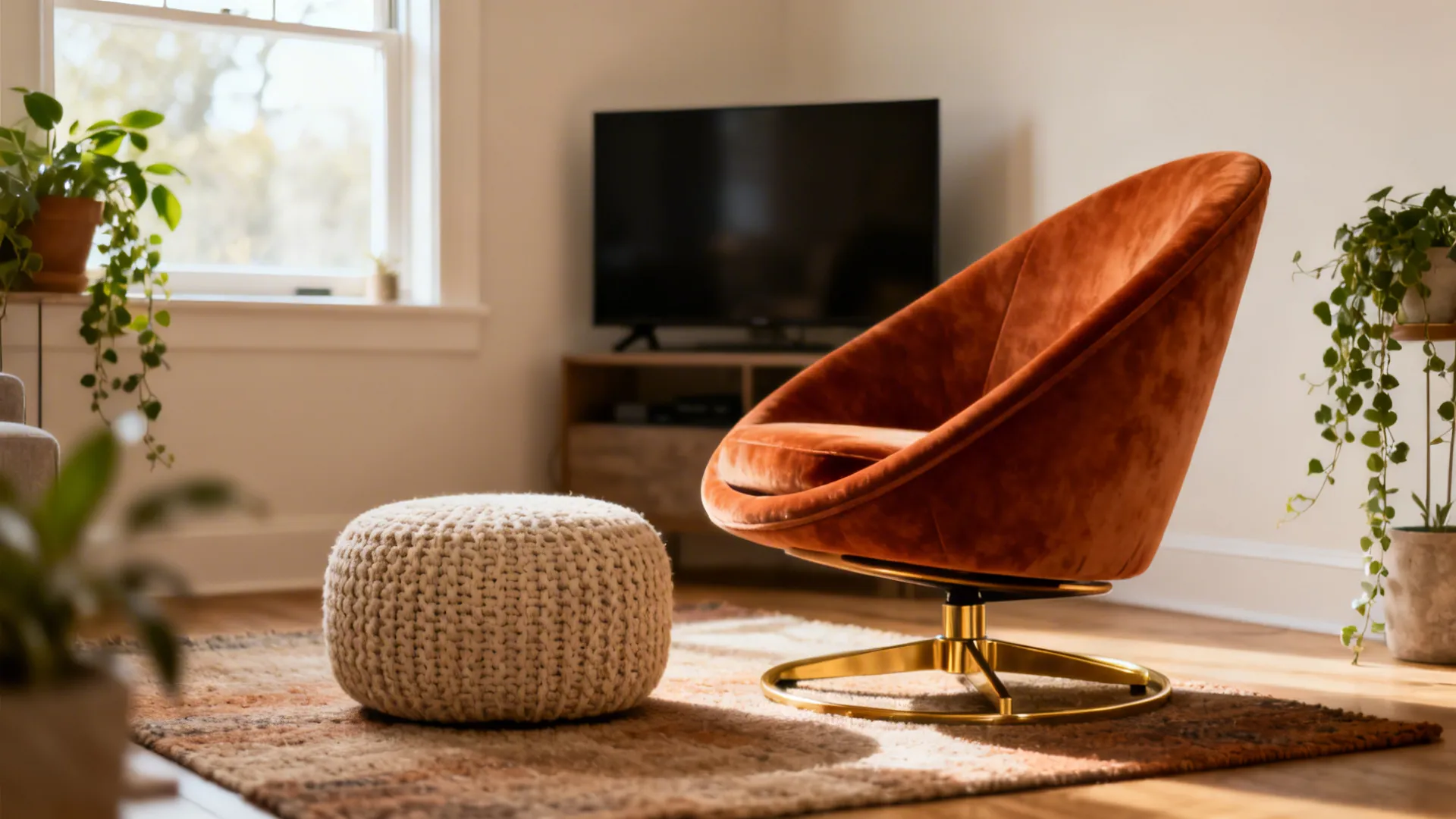 Swivel chair with a lightweight pouf ottoman in a cozy small living room.