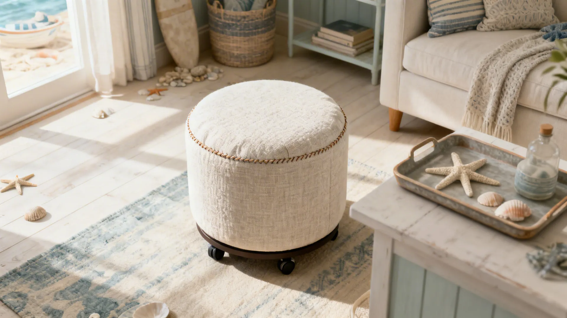 Upholstered swivel pouf used as a movable seat and footrest with a tray in a small coastal apartment.