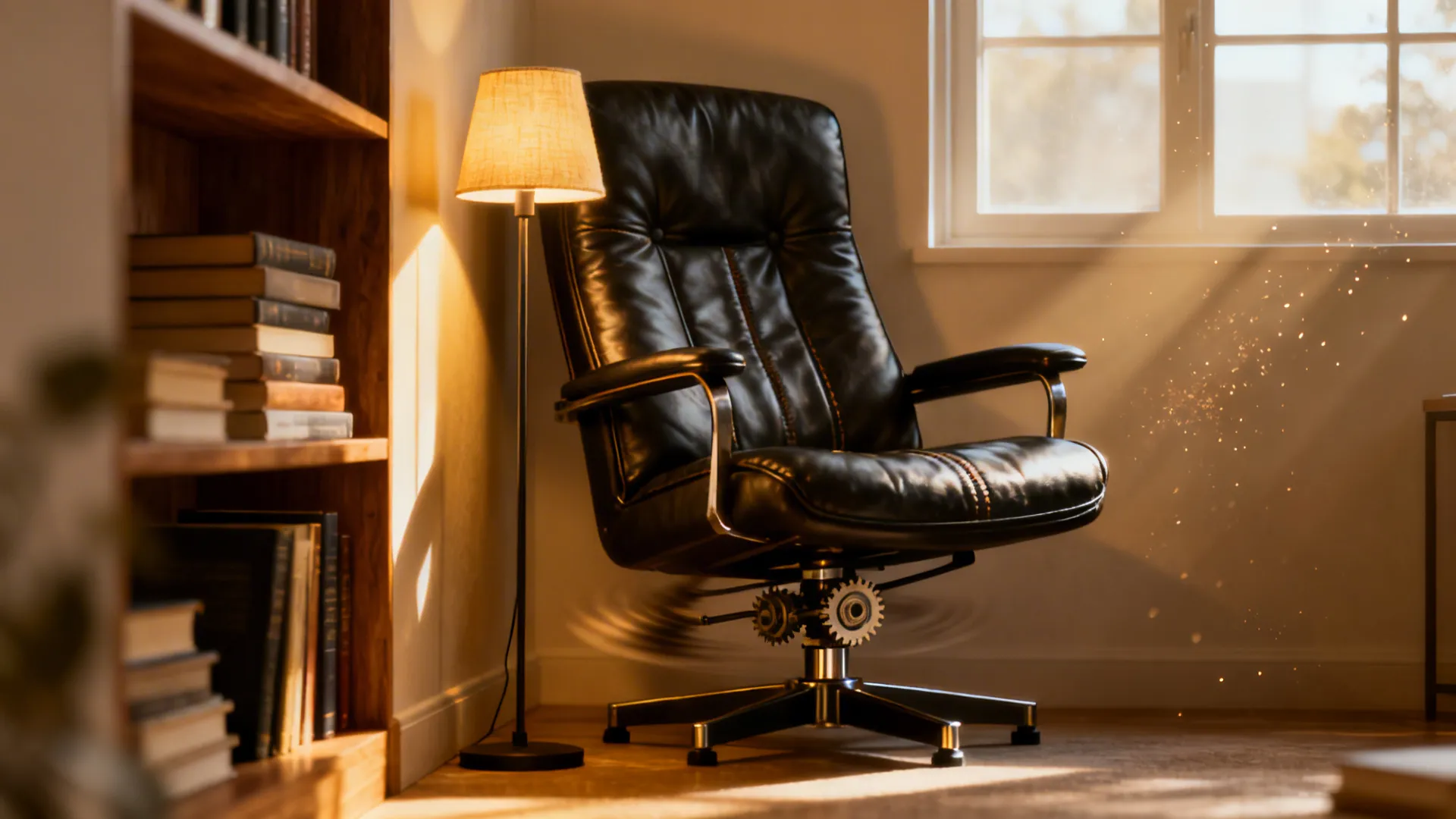 Compact black leather swivel chair in a cozy corner reading nook with lamp