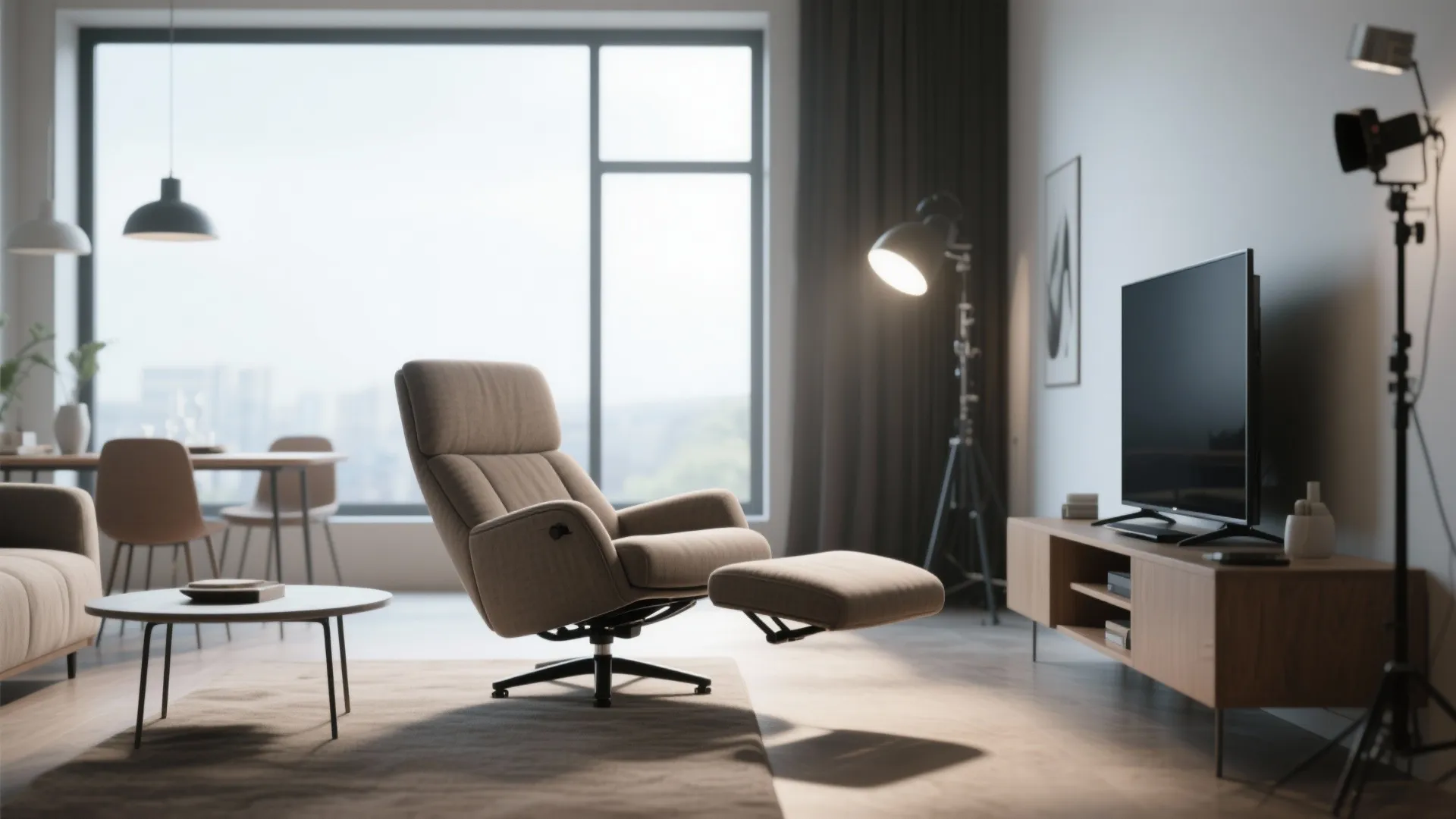 Modern living room with brown sofa coffee table television cabinet floor lamp and large window