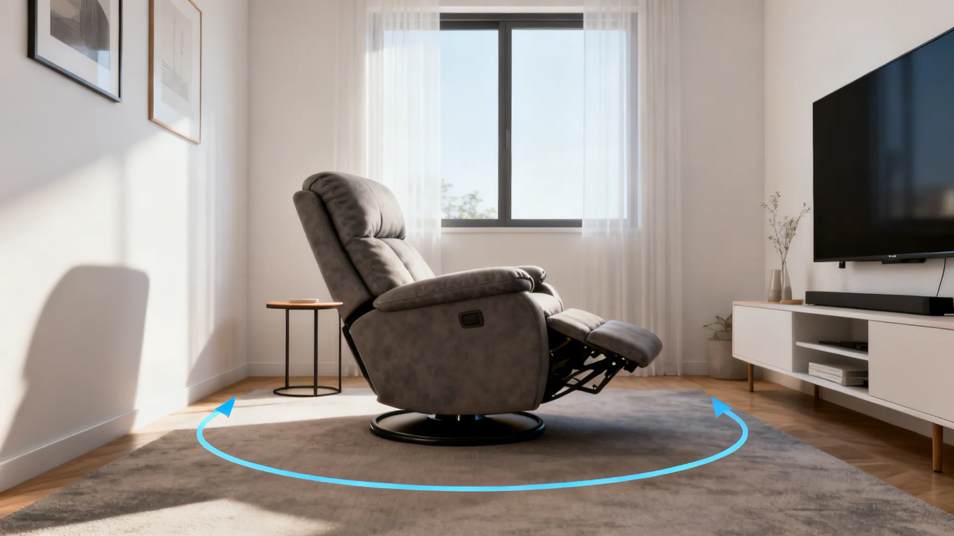 Swivel recliner in a small living room showing its rotation footprint toward TV and window.