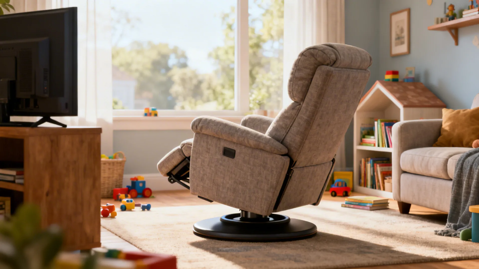 Swivel reclining accent chair in a compact living space showing rotation toward TV, conversation, and a reading nook.