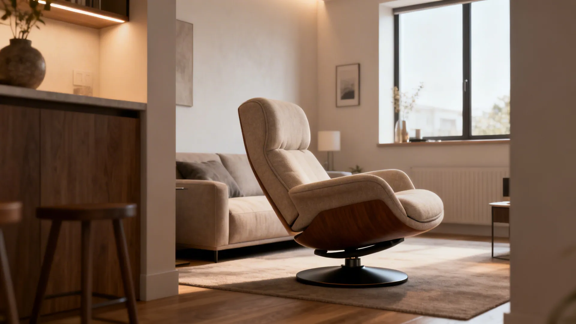 Beige swivel lounge chair with wood base in modern living room next to grey sofa