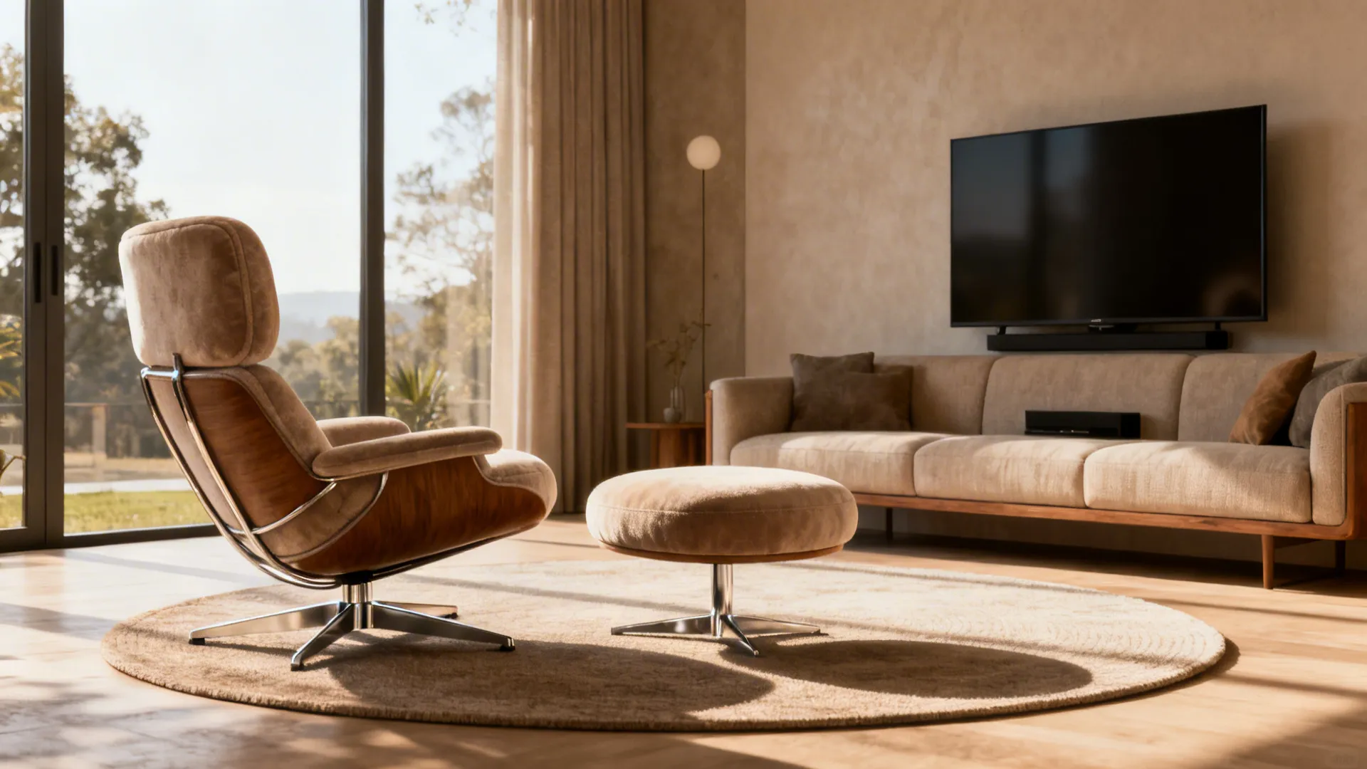 Swivel chair with a round ottoman in a conversational living room layout with warm daylight