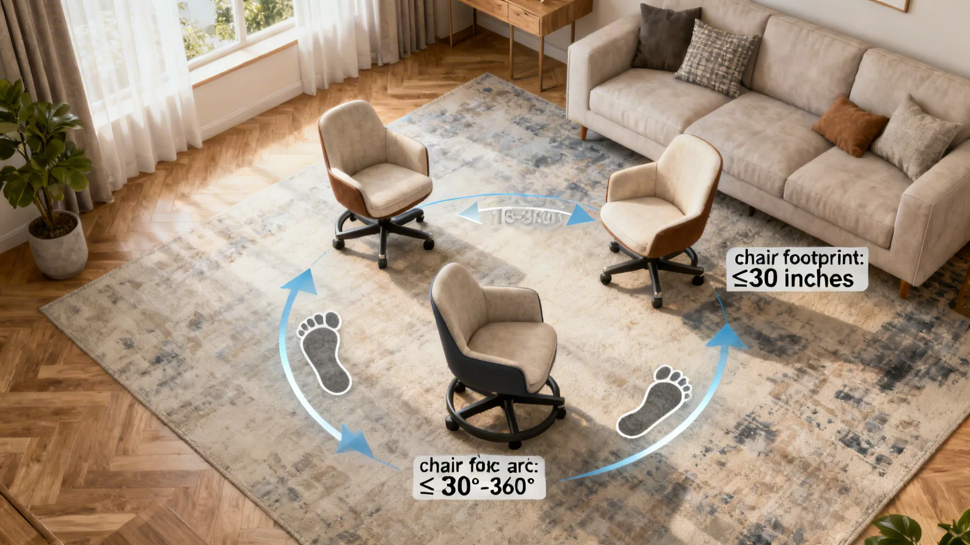 Top-down floorplan mockup showing swivel chair footprints and rotation arcs for a small living room.