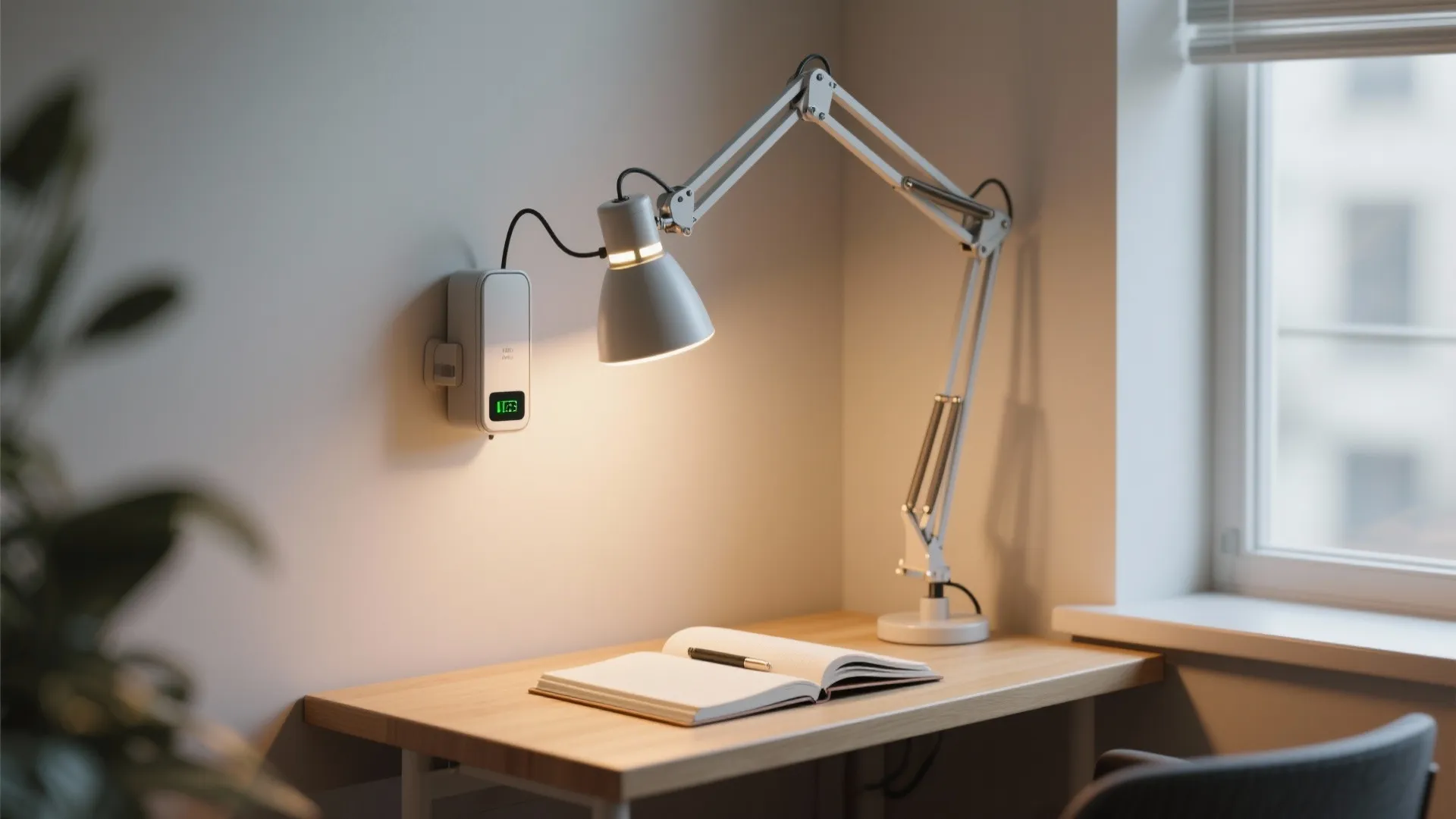 Compact desk lit by a battery swivel-arm sconce directed at a notebook.