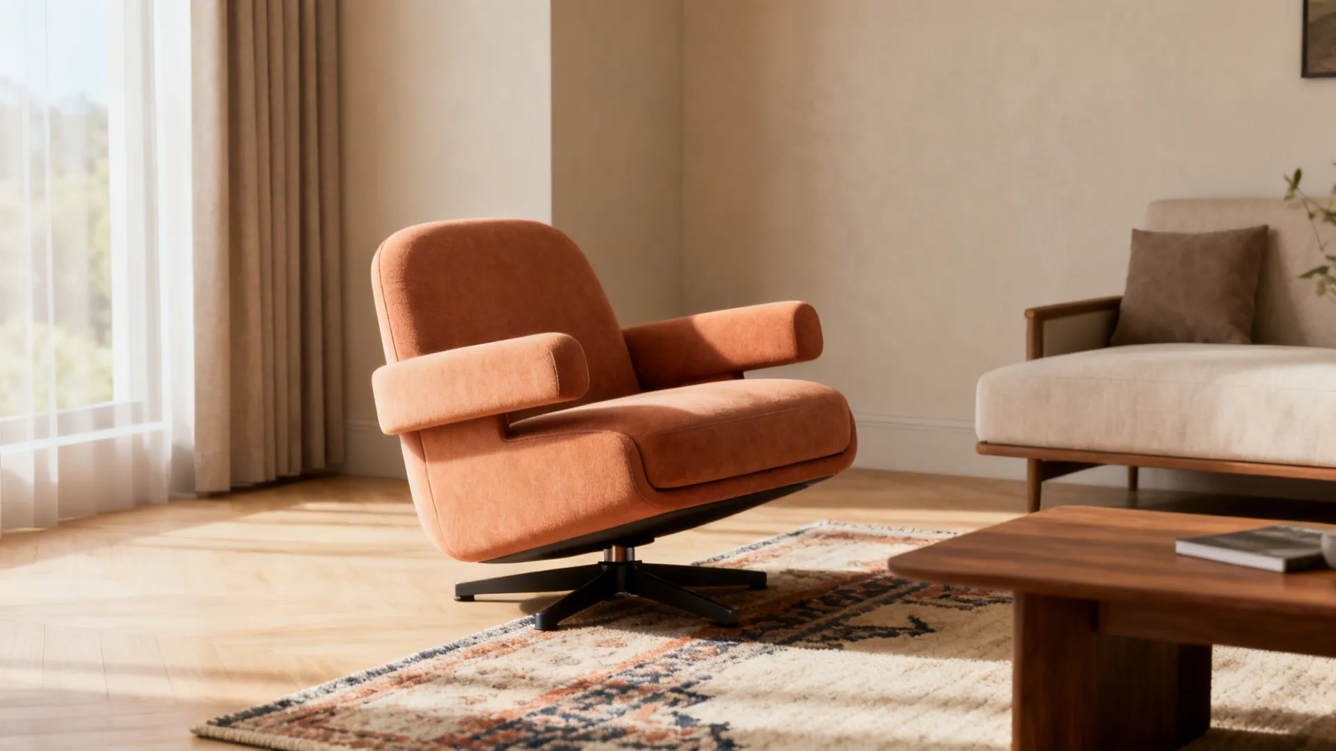 Low-profile swivel side chair with subtle arms in a cozy living room corner