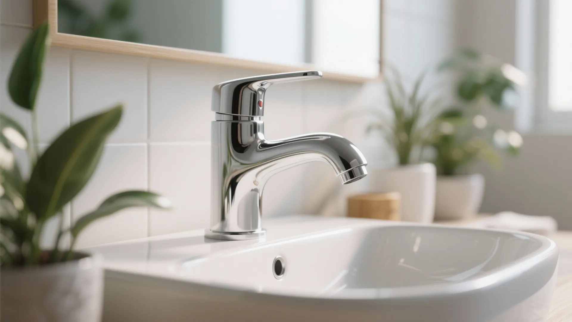 Polished chrome bathroom tap on white ceramic sink with green plant and bright natural light