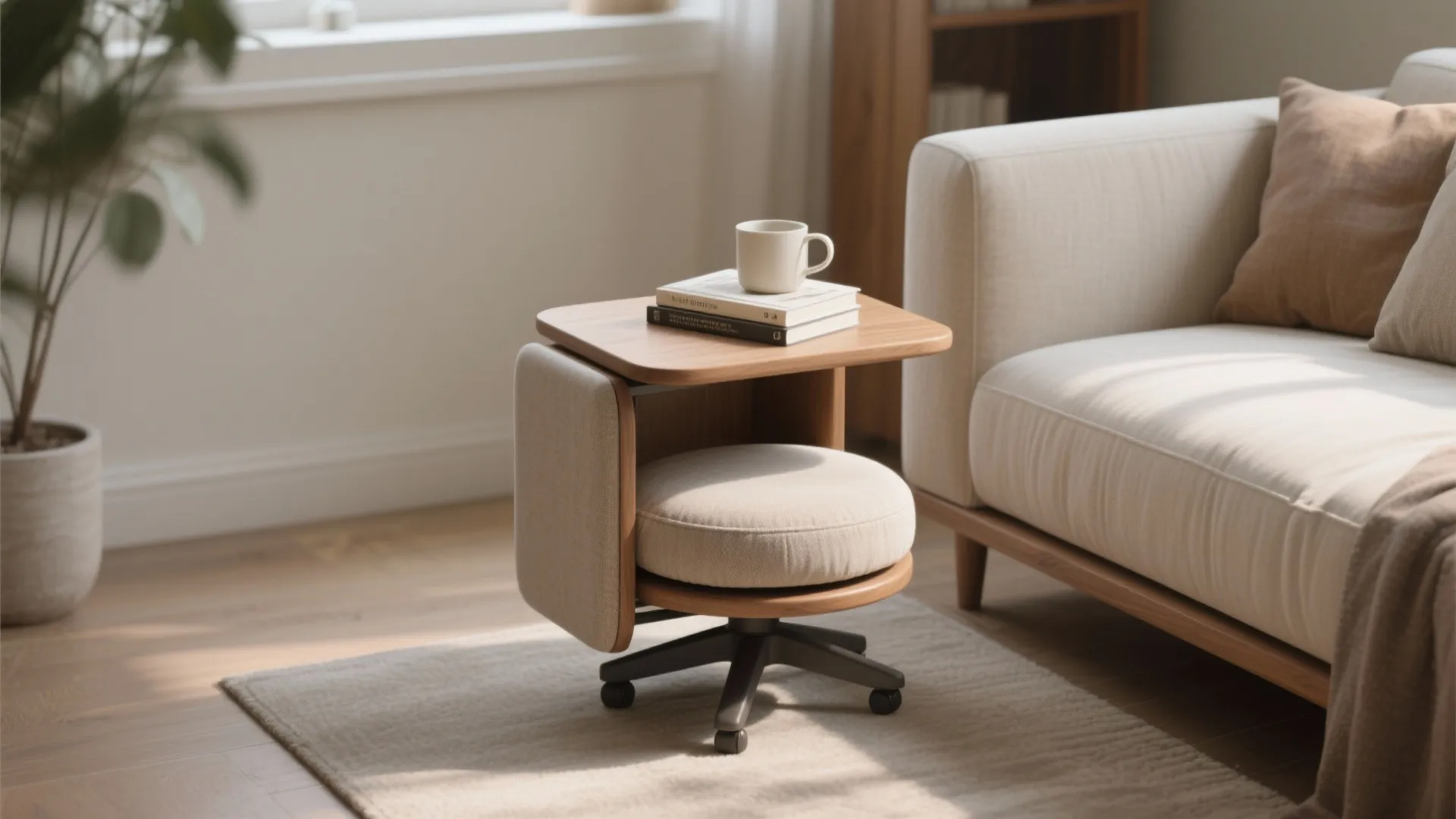 Swivel stool doubled as a side table beside a narrow sofa in a compact living space.