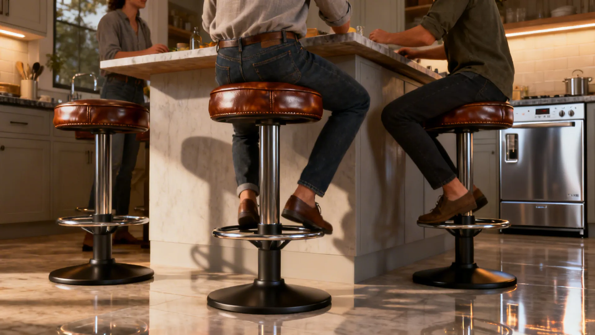 Counter-height leather swivel stools around a kitchen island with warm lighting.