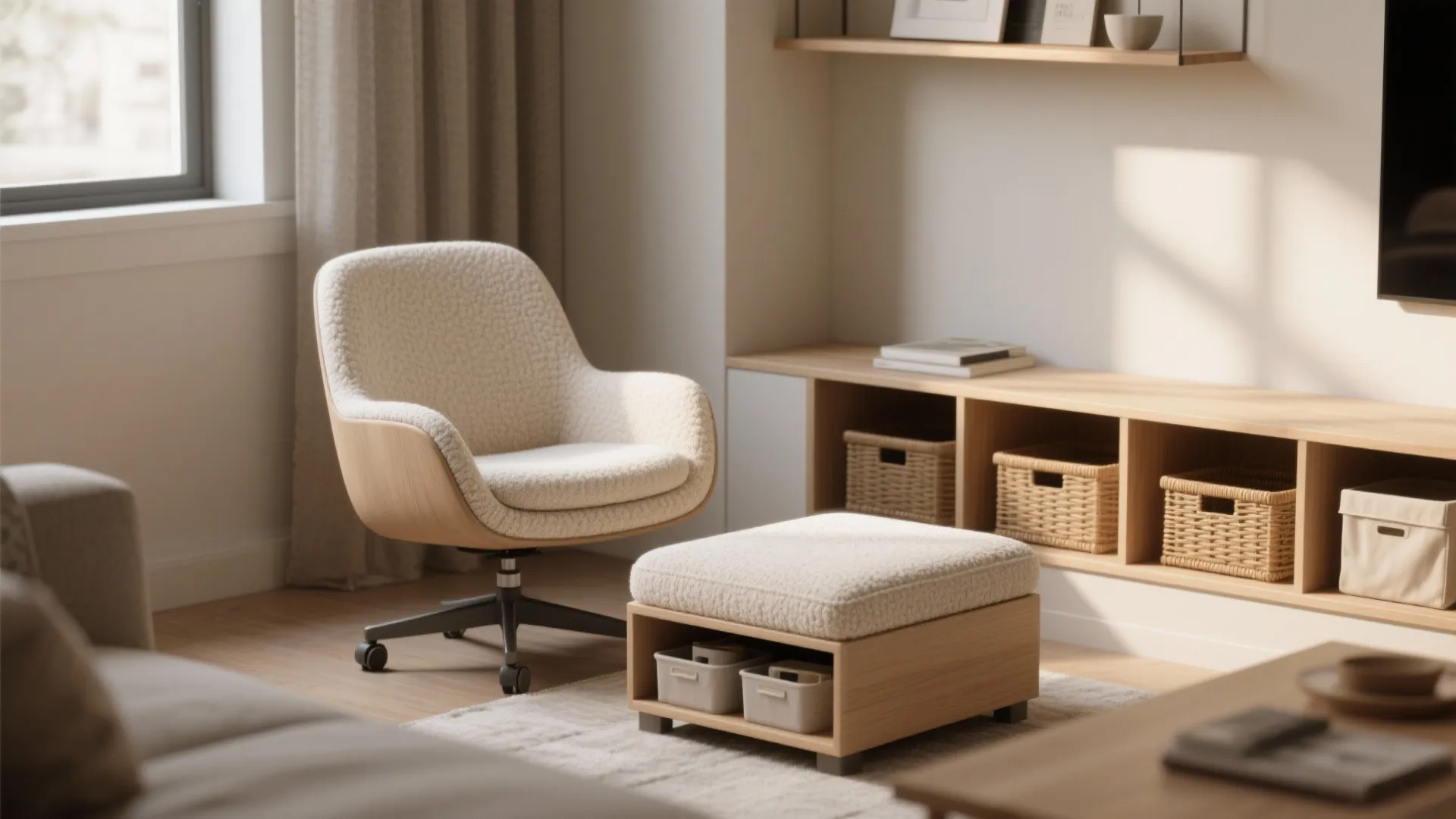 Comfortable white sofa chair and matching footrest with storage baskets in modern bright living room
