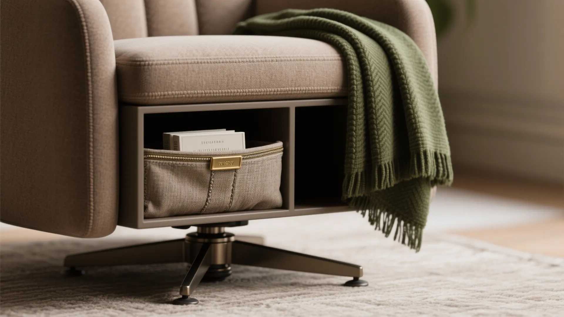Close-up of a swivel chair showing under-seat storage compartment and side fabric pocket with a book