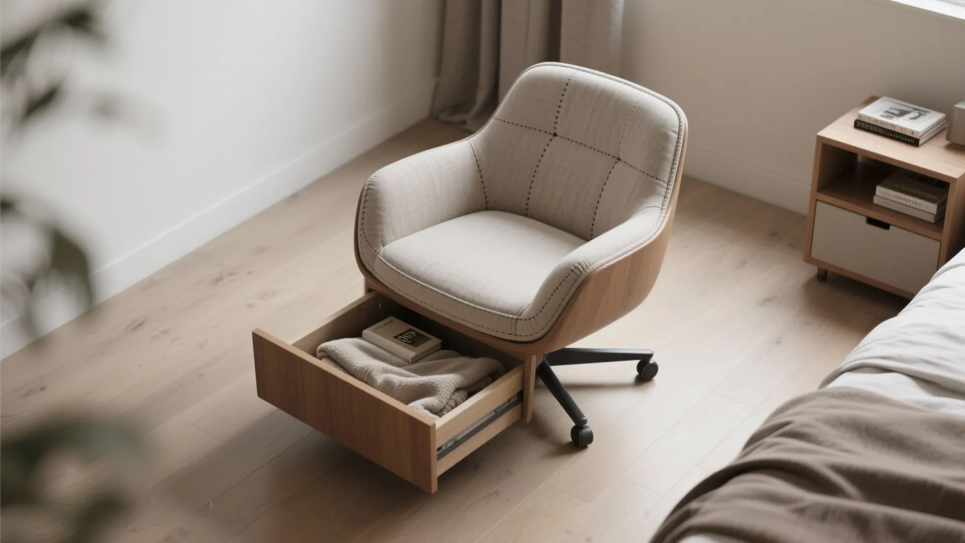 Top-down view of a swivel chair with built-in storage holding a blanket and books.