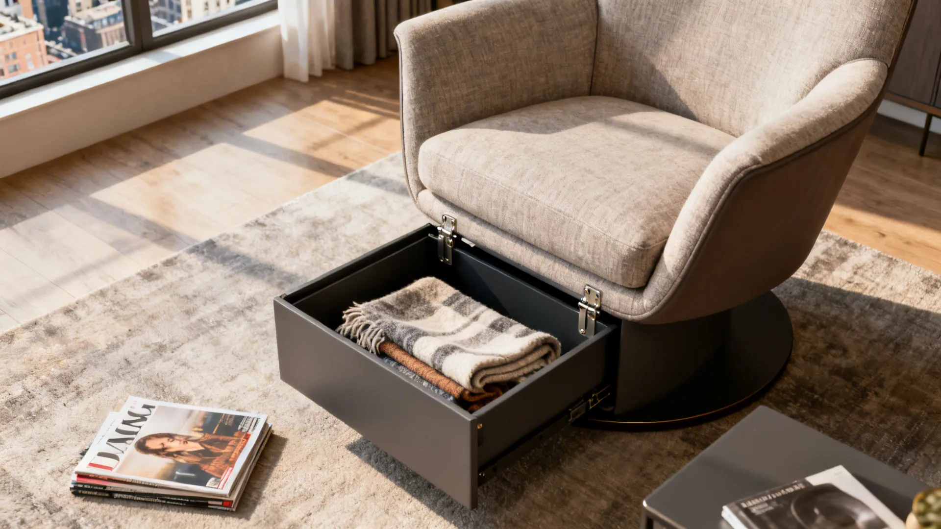 Swivel club chair with open under-seat storage holding blankets and magazines.