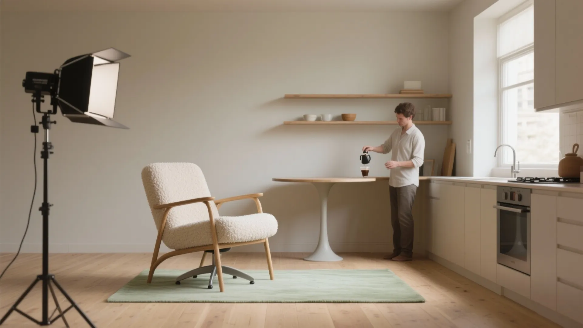 Modern kitchen with white sofa chair green rug man making coffee and professional studio light