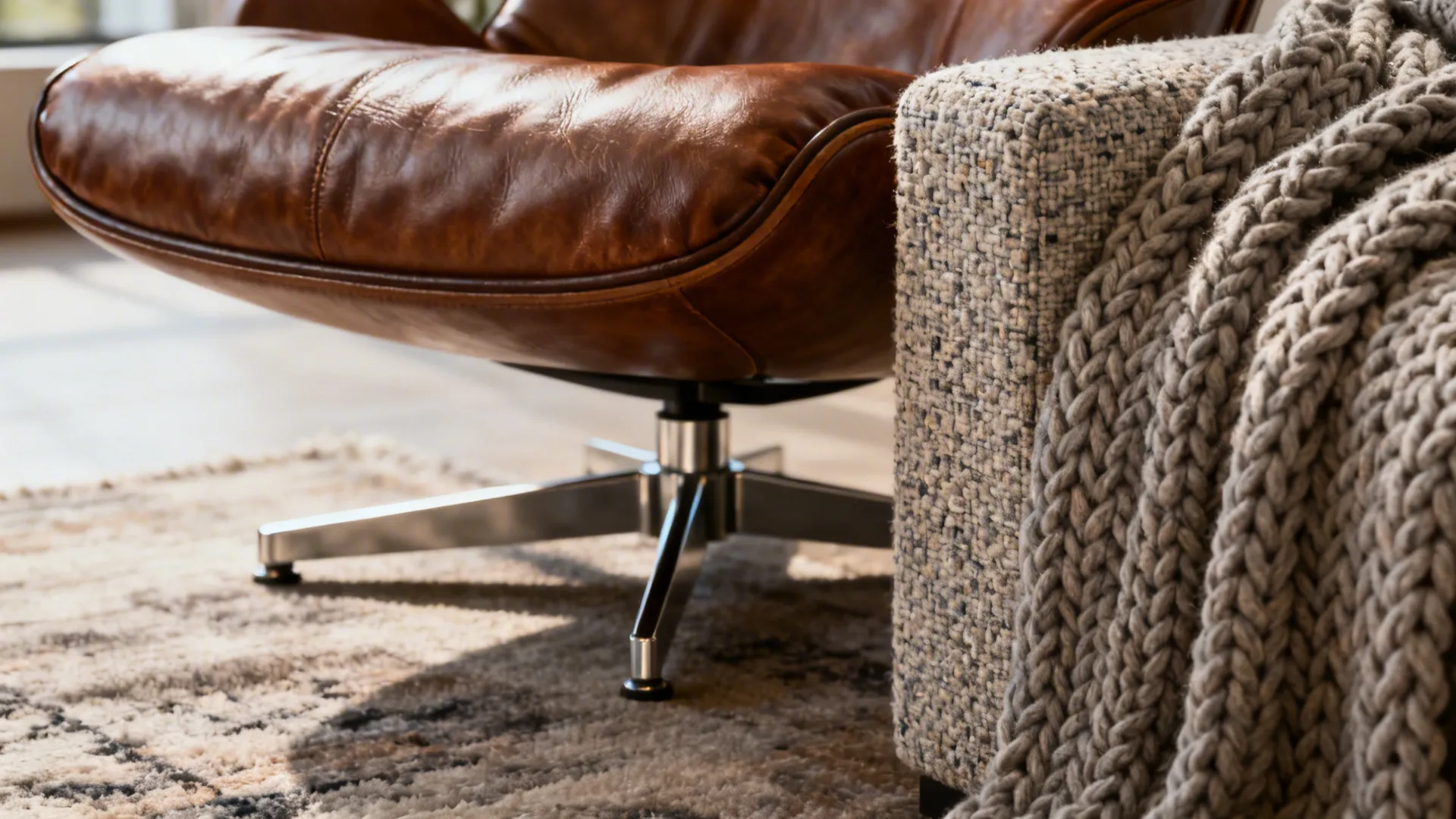 Brown leather chair next to textured sofa with knitted blanket on rug with soft natural light