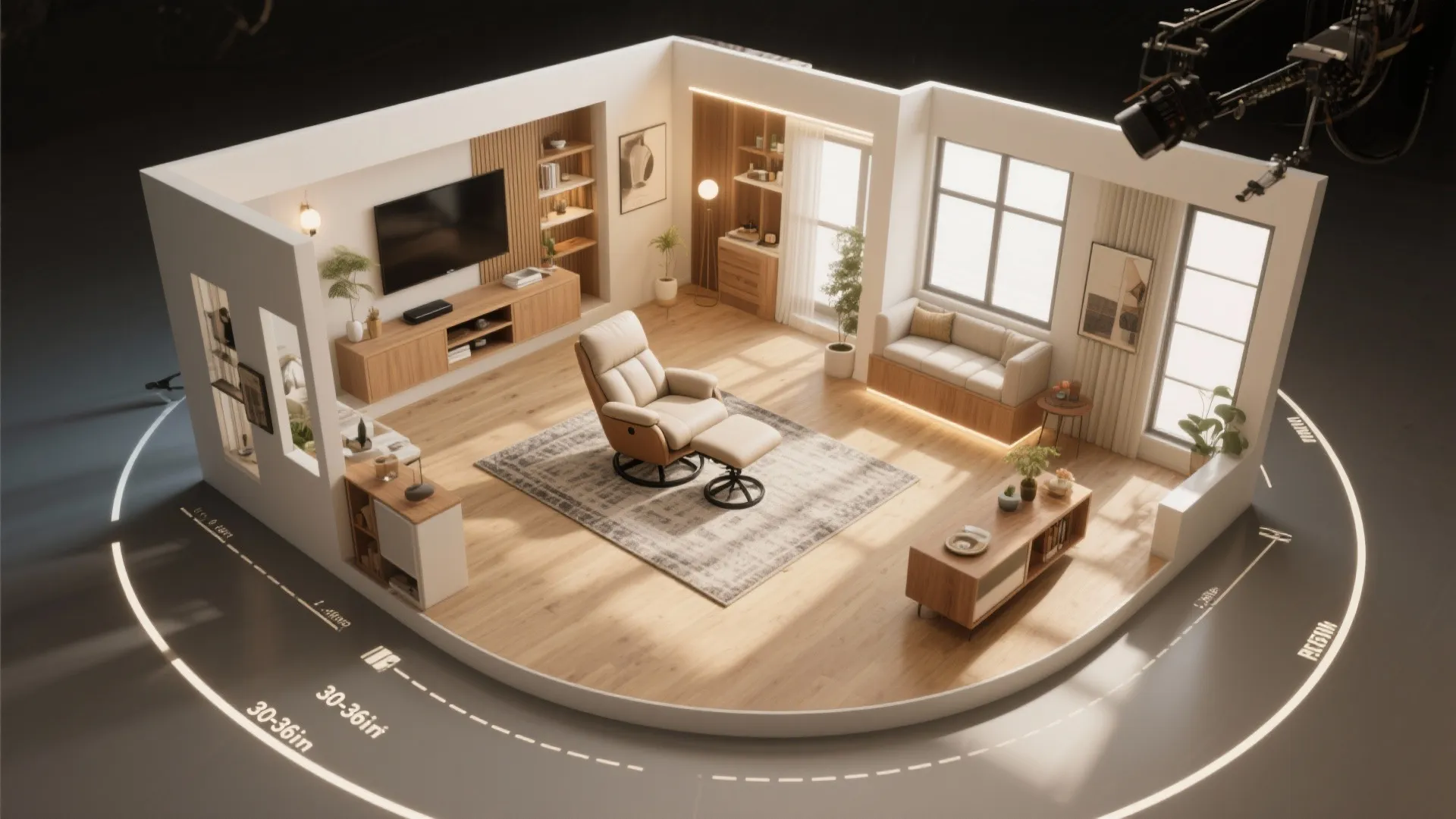 Interior design drawing of a modern living room with sofa footrest and wood TV cabinet