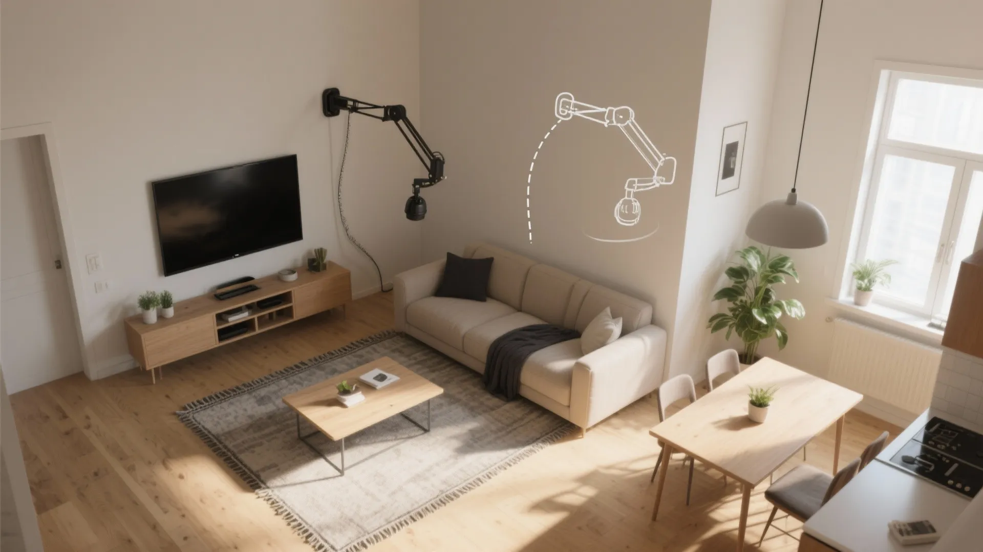 Top down view of living room showing swivel television wall mount with its range motion