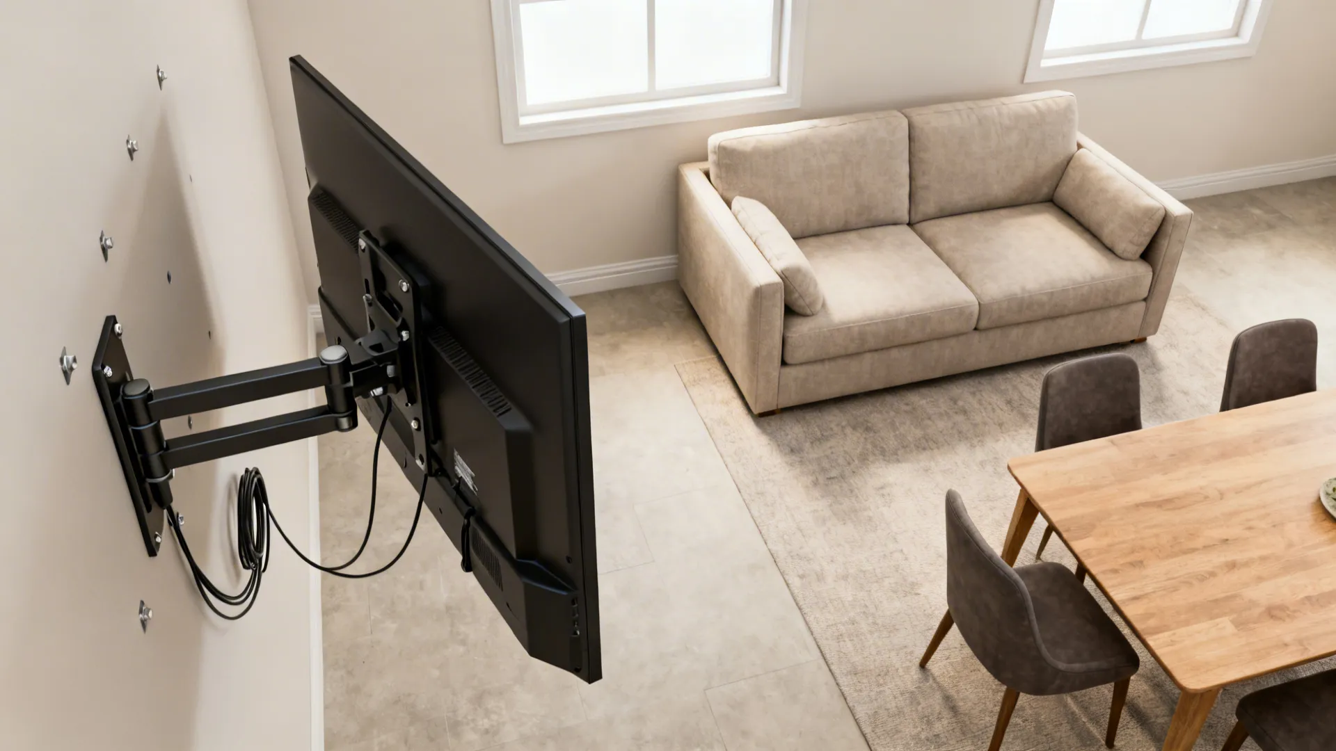 Top-down view of a small living room showing TV swivel angles toward sofa and dining table.