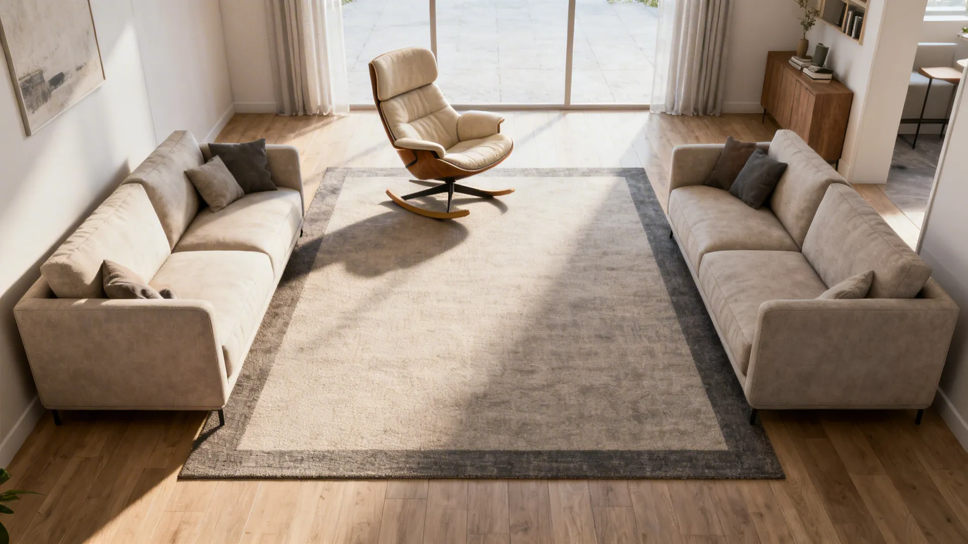 Living room layout with two beige sofas facing each other on rug with central chair