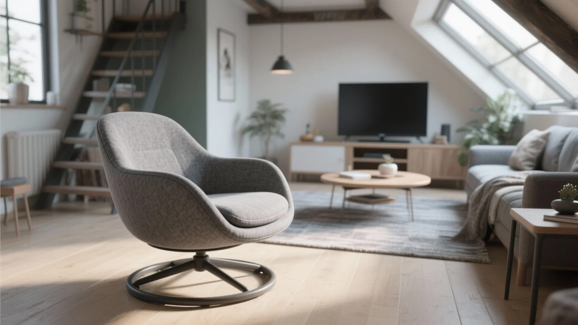 Grey swivel chair in a modern attic living room with television and round coffee table
