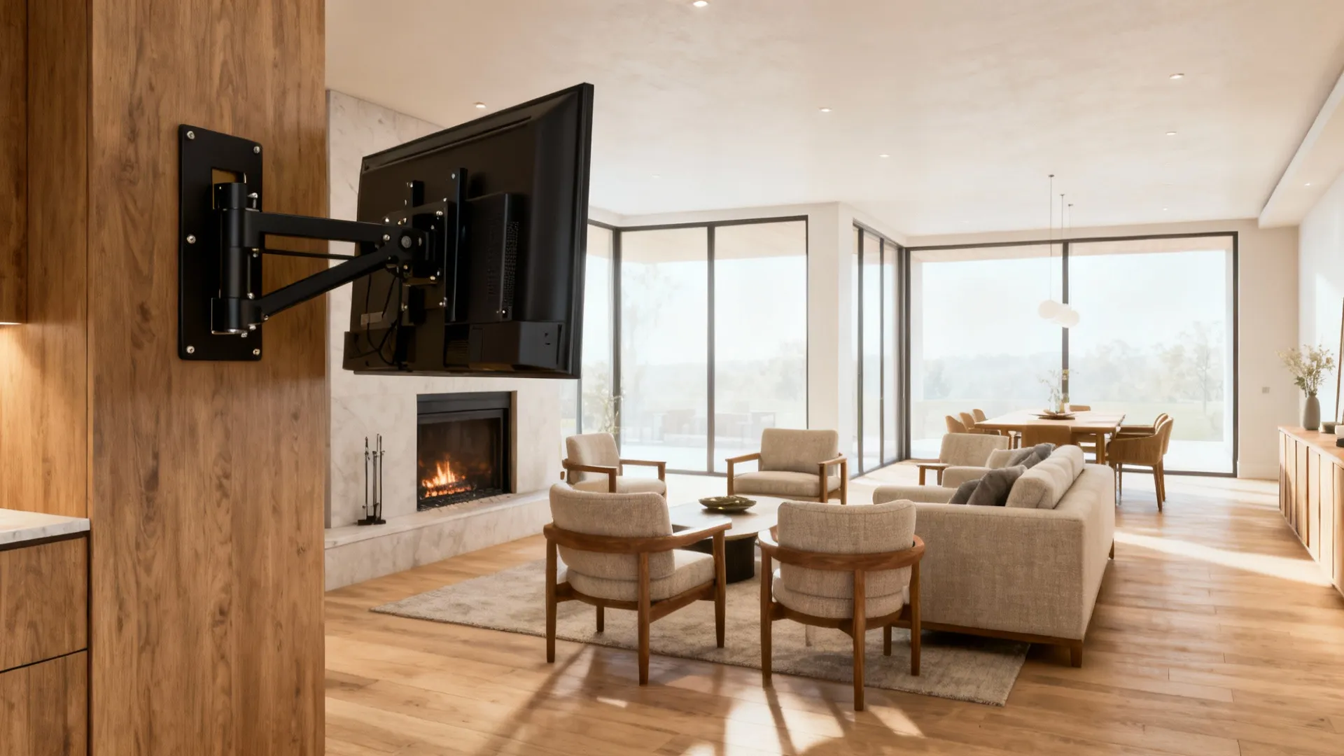 Open-plan space with a TV on a swivel arm near the fireplace, oriented to multiple seating areas.