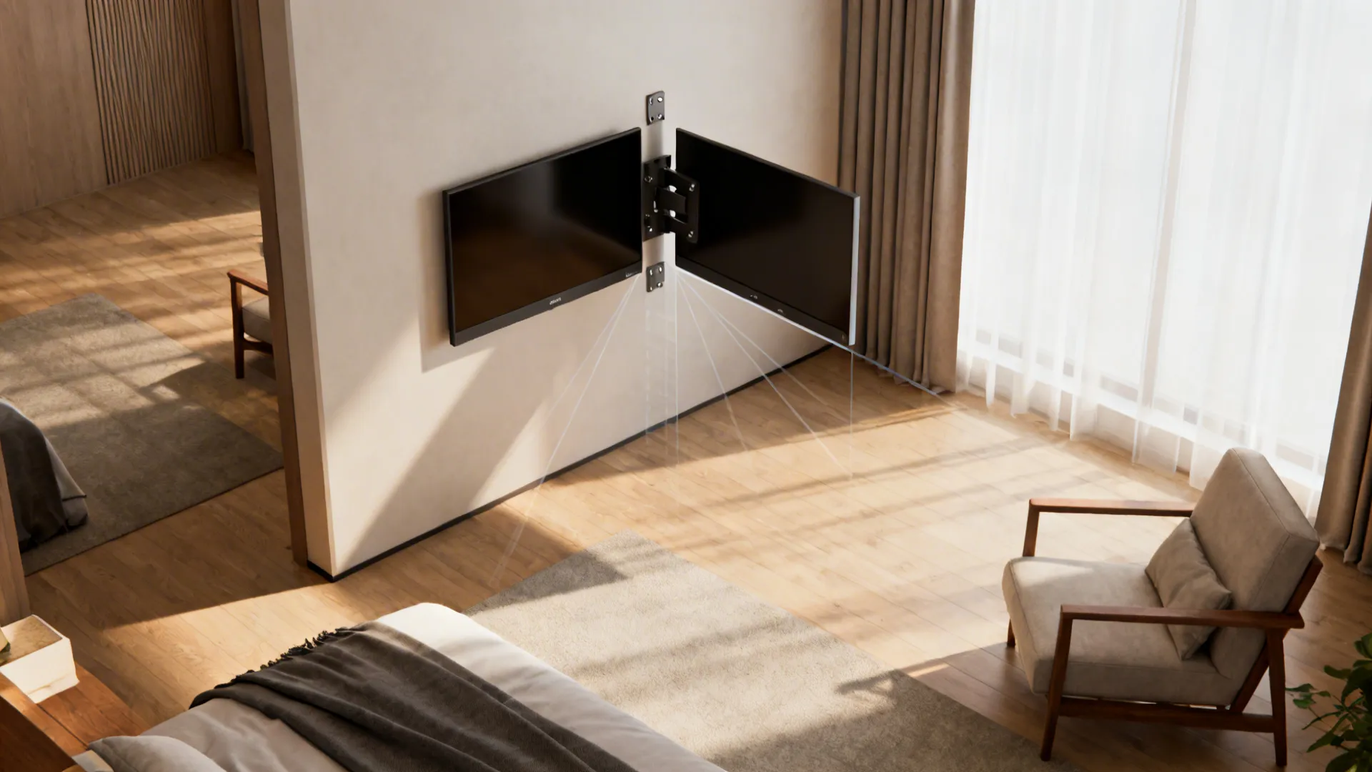 Swivel-mounted TV in a bedroom corner showing pivot angles and sightlines