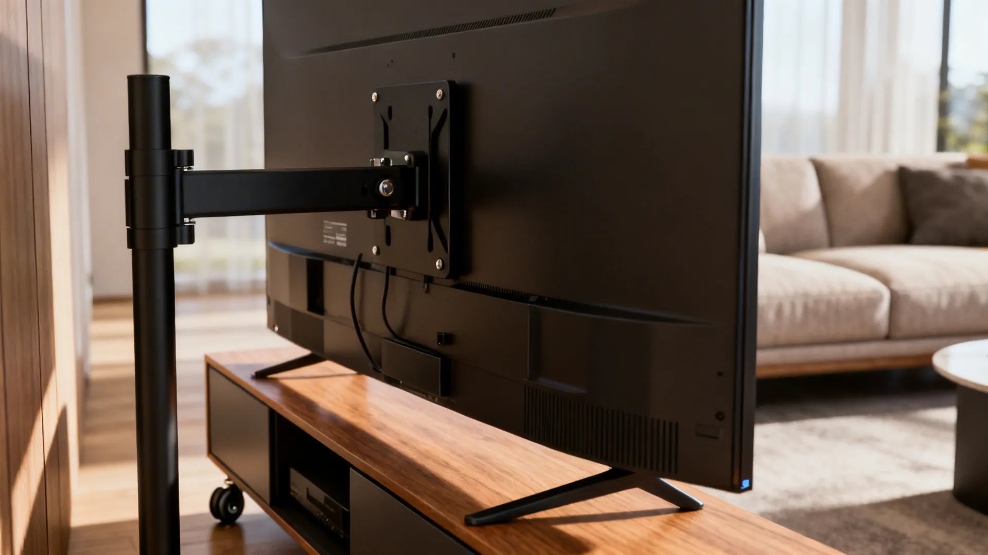 Close-up of a modern swivel TV mount and media cabinet on casters in a living room.
