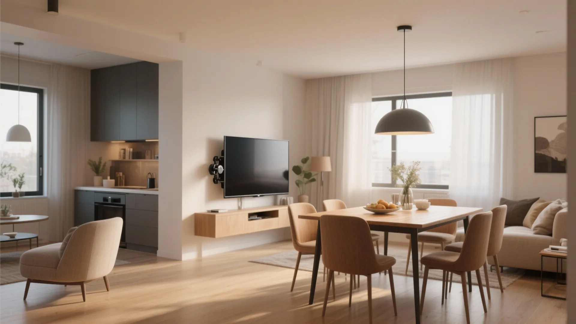 Dining table and living room with a swivel-mounted TV