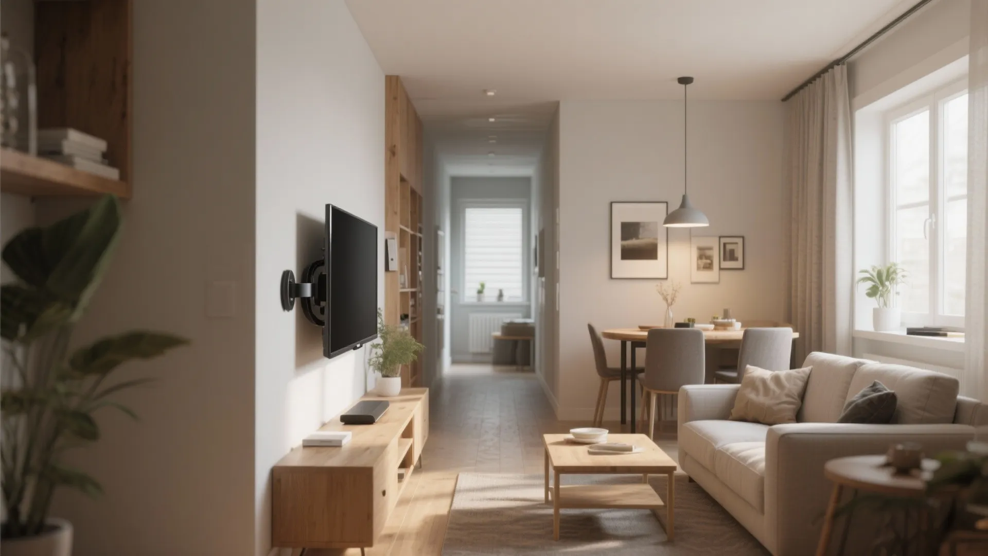 Swivel-mounted TV in narrow living room with dual viewing zones