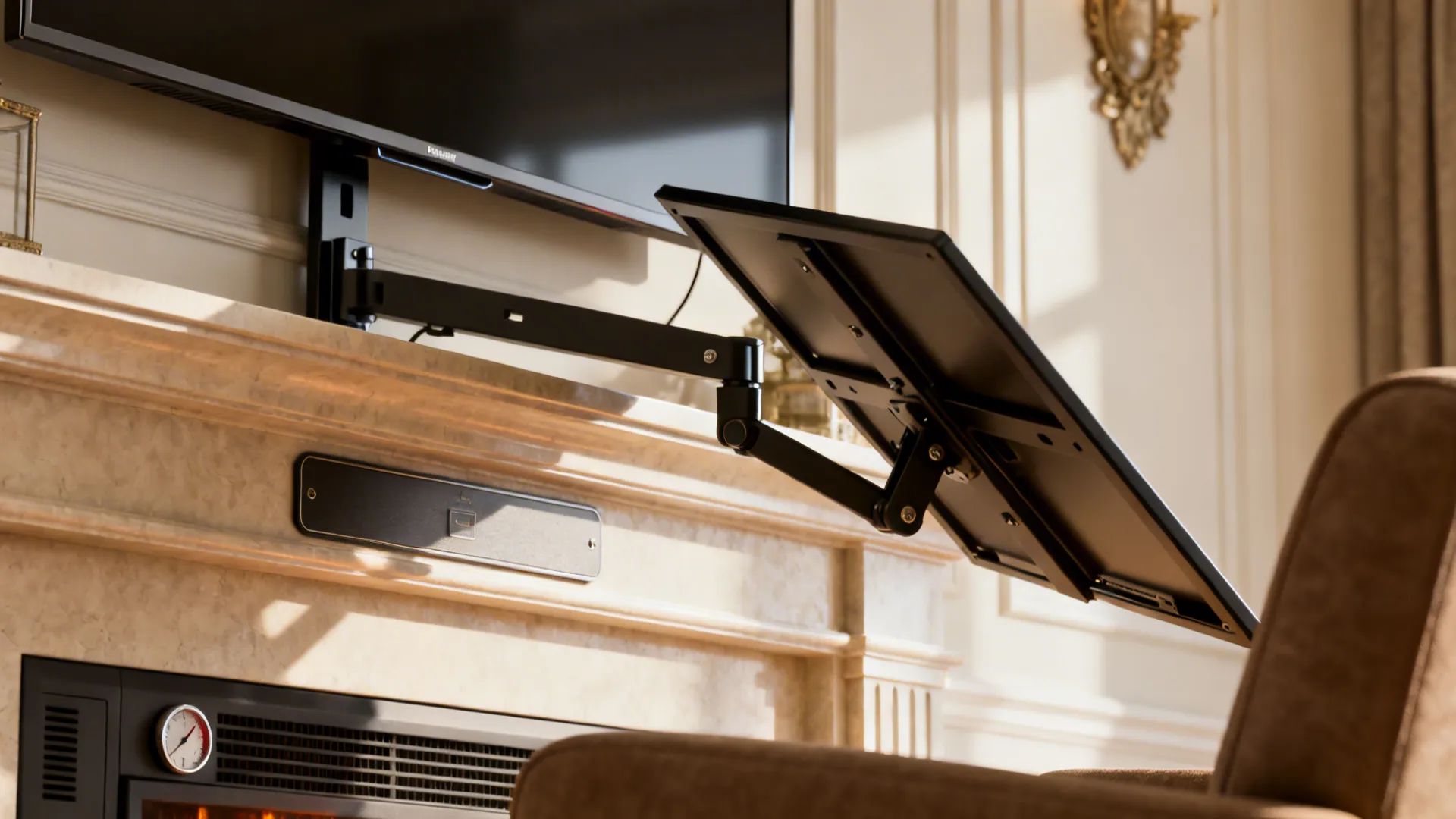 Close-up of a TV on a tilt-and-swivel bracket above a mantel, angled down toward seating with a heat deflector.