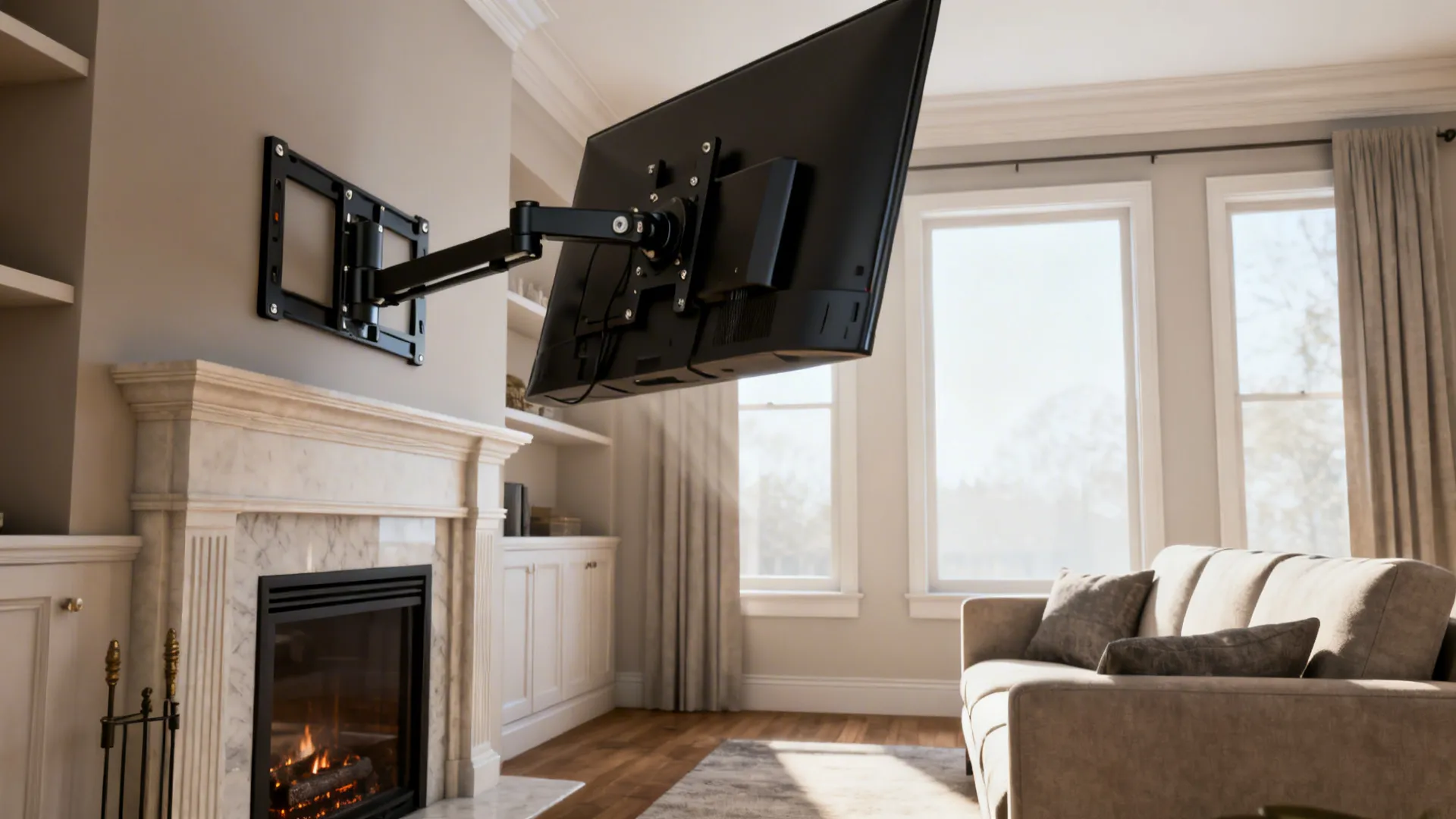 Living room with a TV on an adjustable swivel mount angled down over a fireplace toward seating.