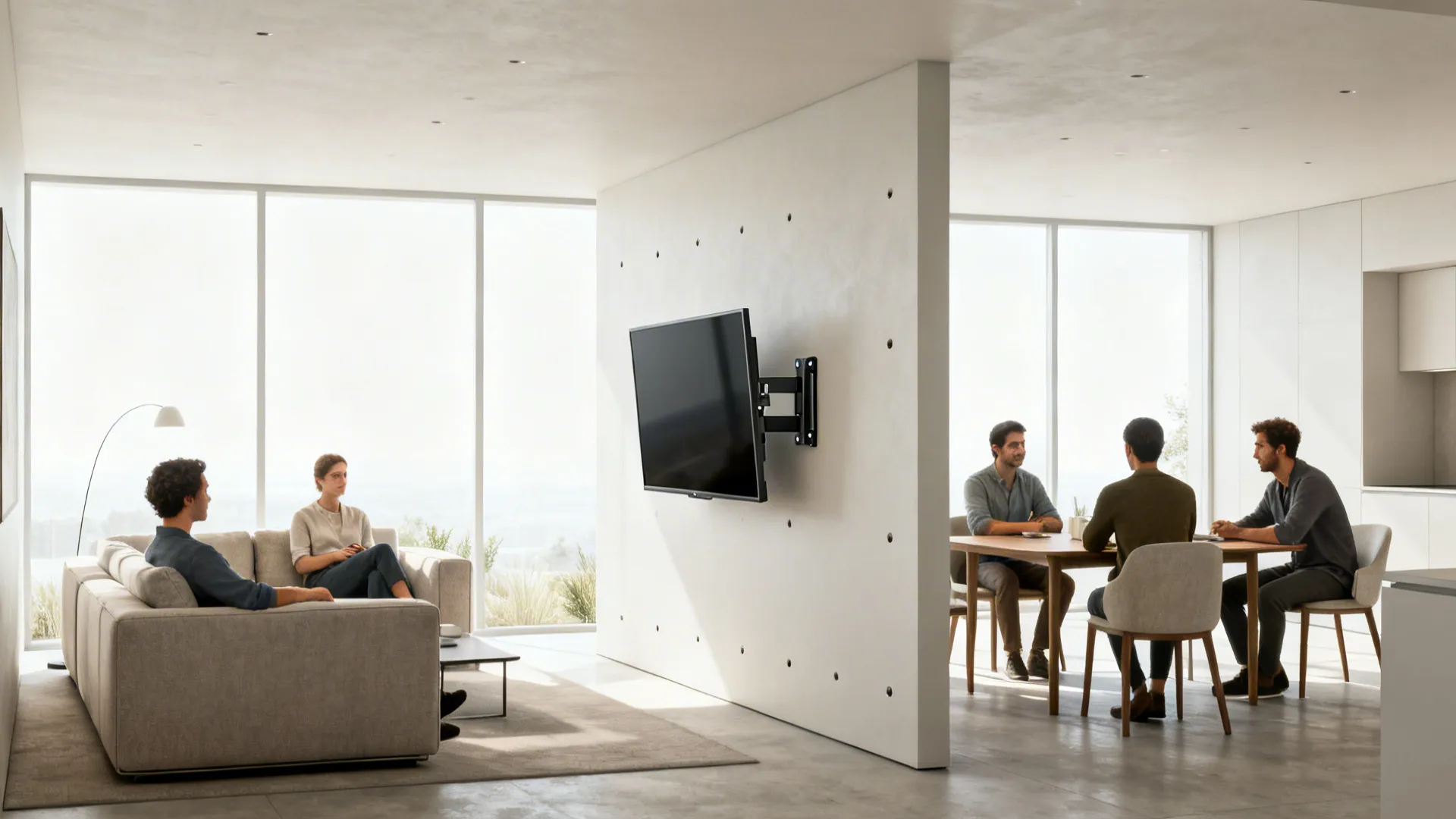 TV on a swivel mount serving both living and dining zones in an open-plan space.