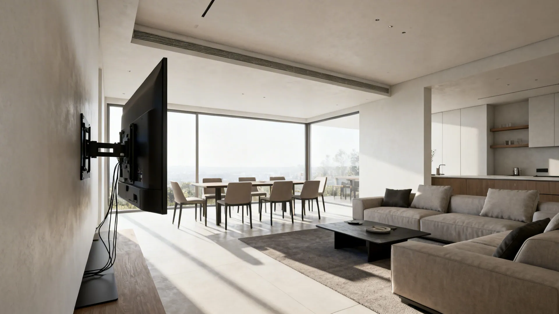 Open-plan space with a swivel-mounted TV angled to serve multiple seating positions with clean cable routing.