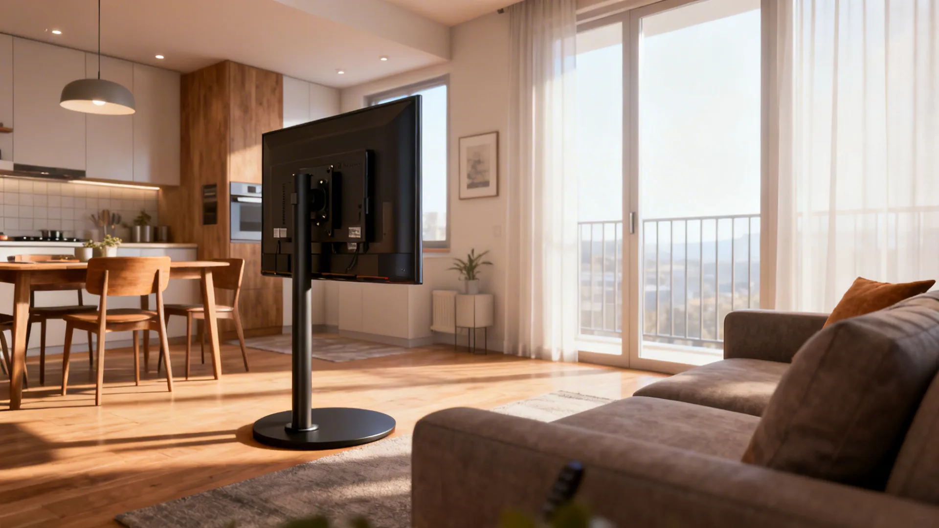 Modern black floor TV stand in an open living room with wooden dining furniture and balcony