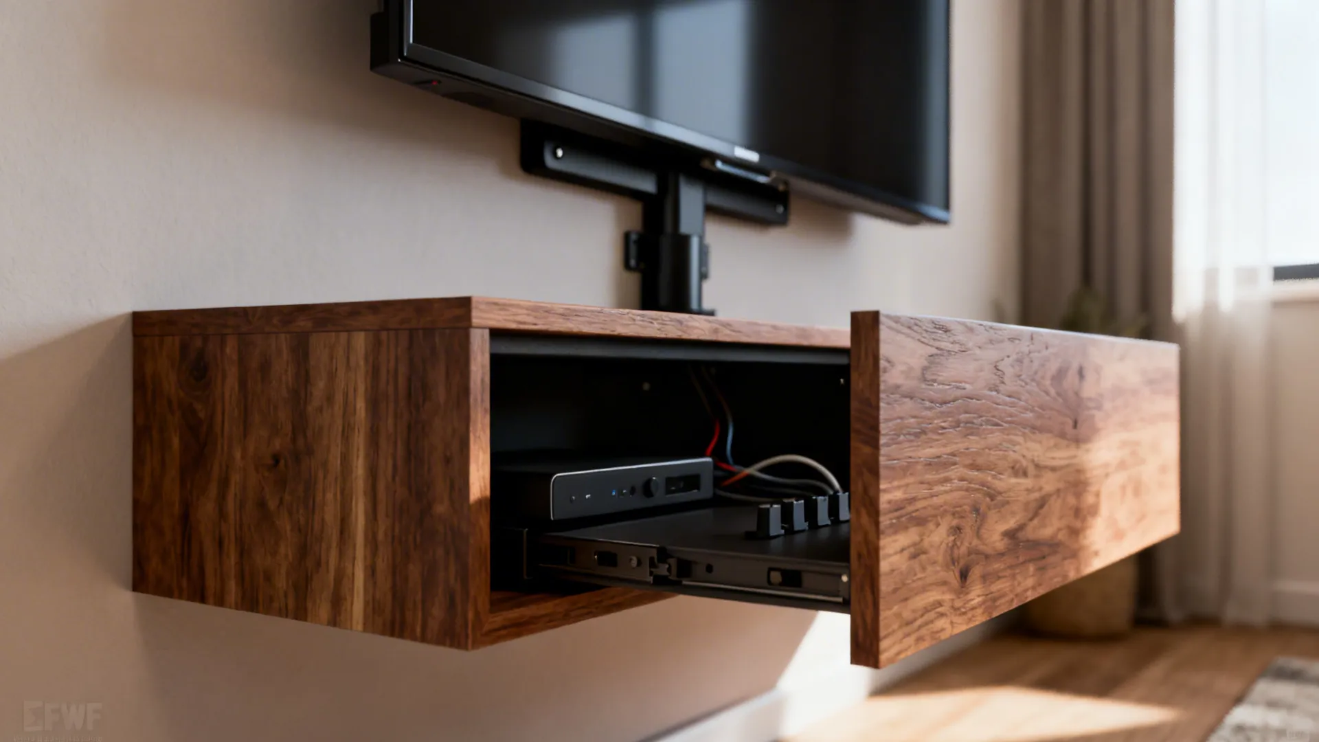 Floating cabinet under a wall-mounted swivel TV with hidden storage for consoles