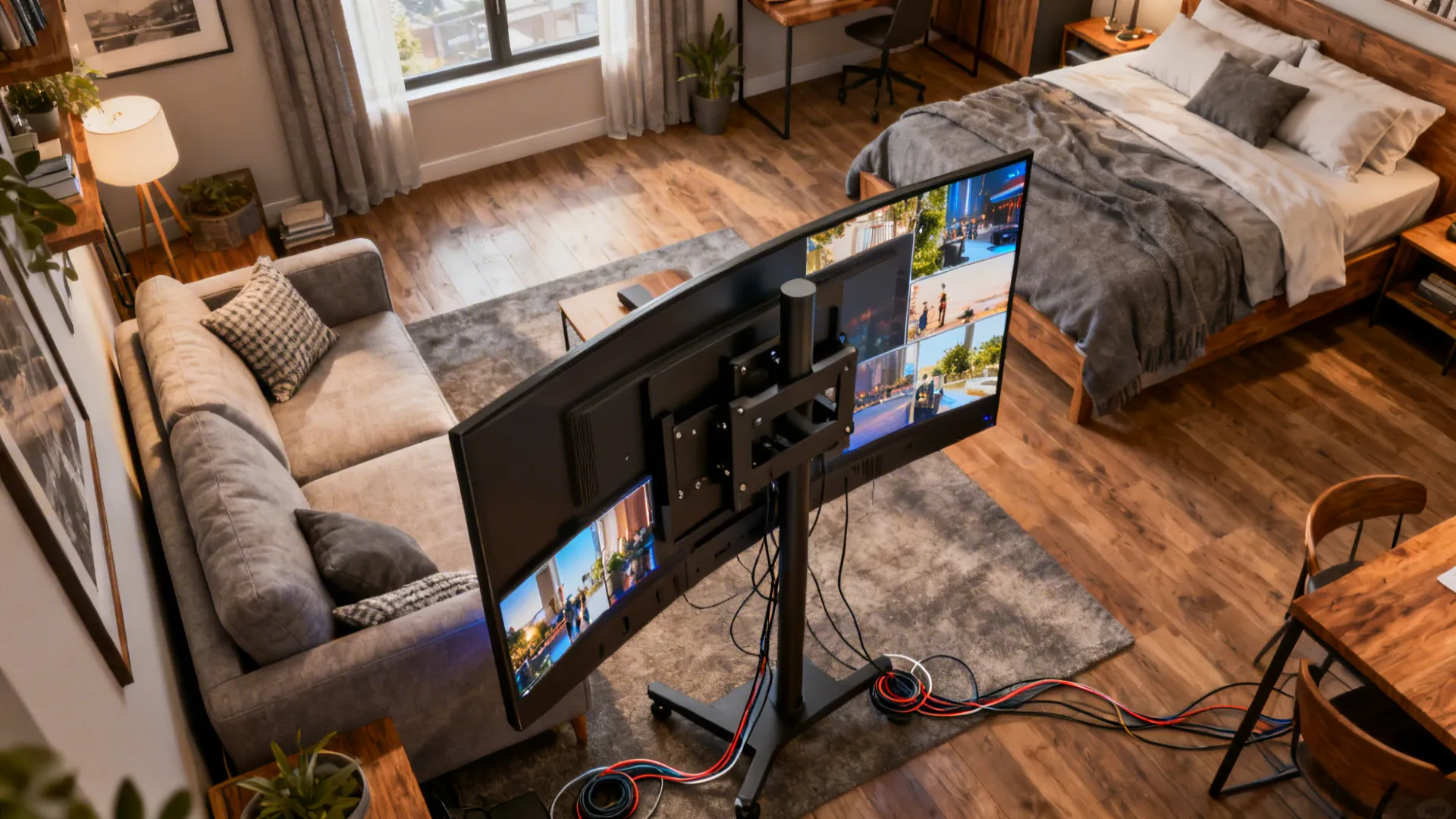 Studio apartment with a 55" TV on a swivel mount turning toward sofa and bed.