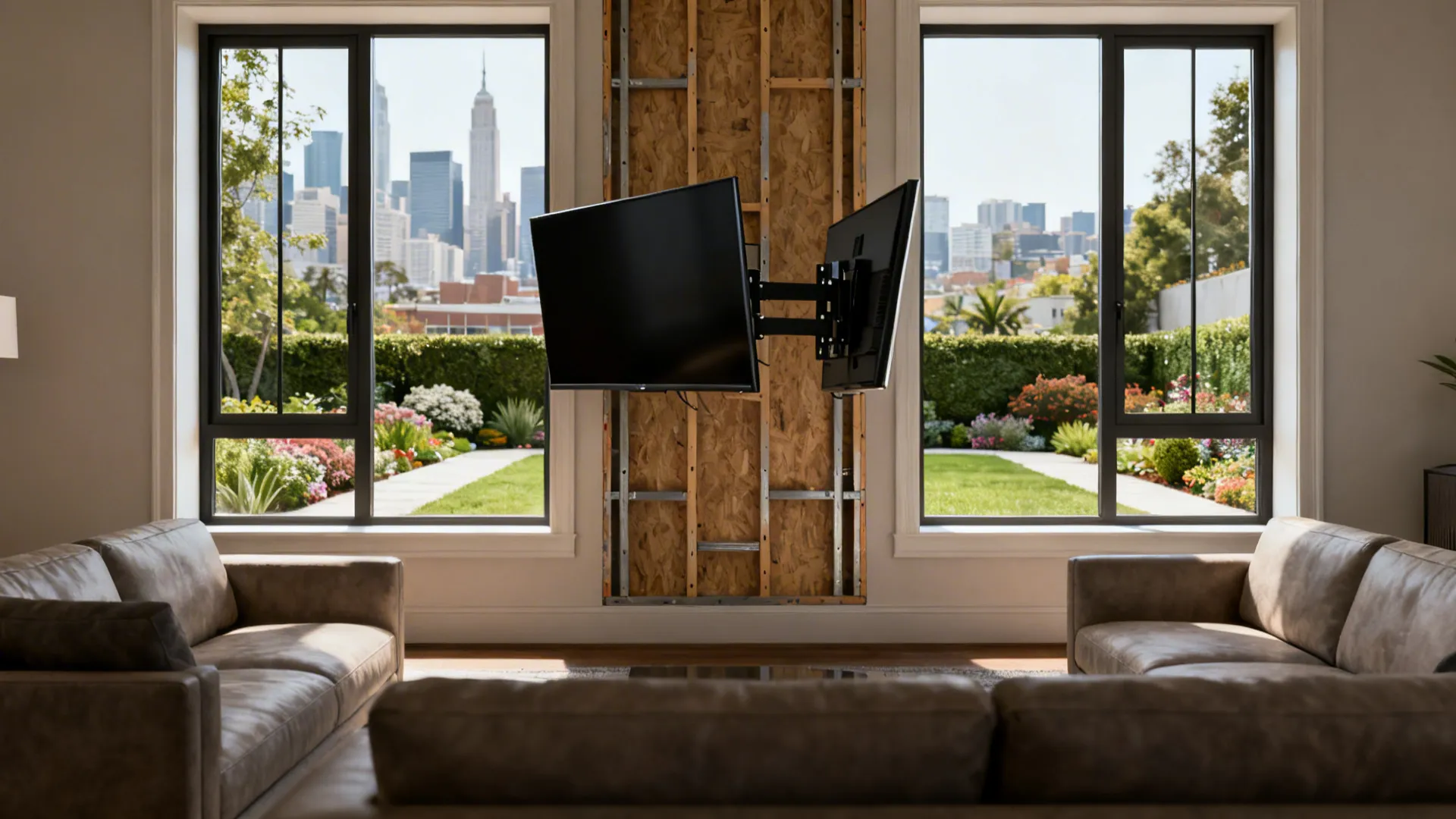 Interior design drawing showing a television on a swivel wall mount with city view background