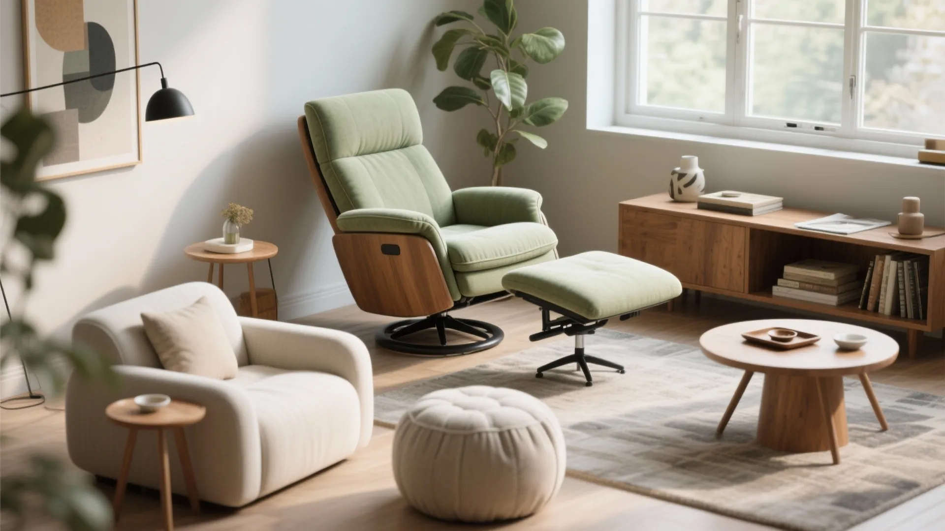 Modern living room with green reclining sofa and footrest plus wooden cabinet and coffee table