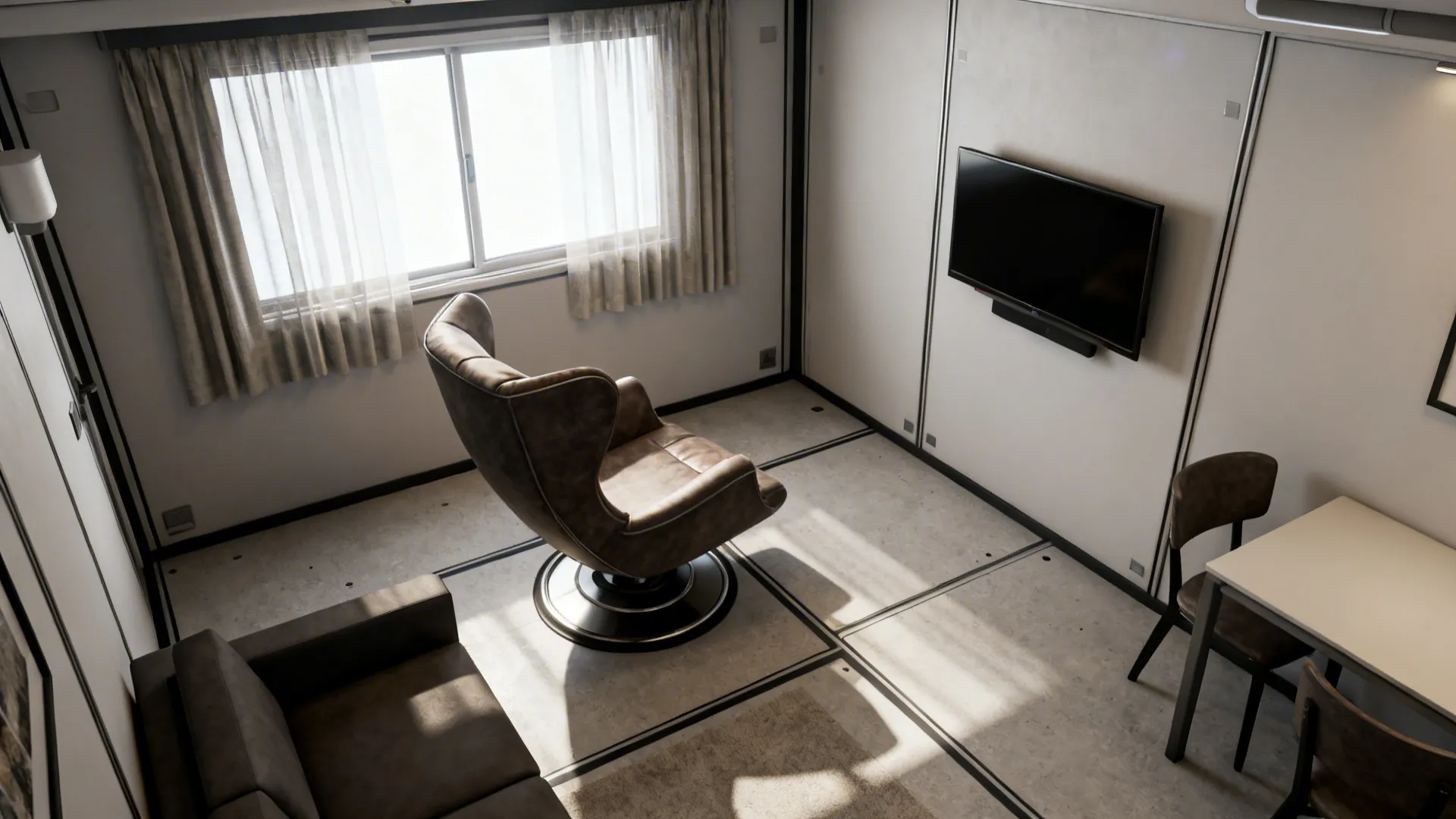 Top-down view showing a swivel wingback chair oriented toward different areas in a compact living space
