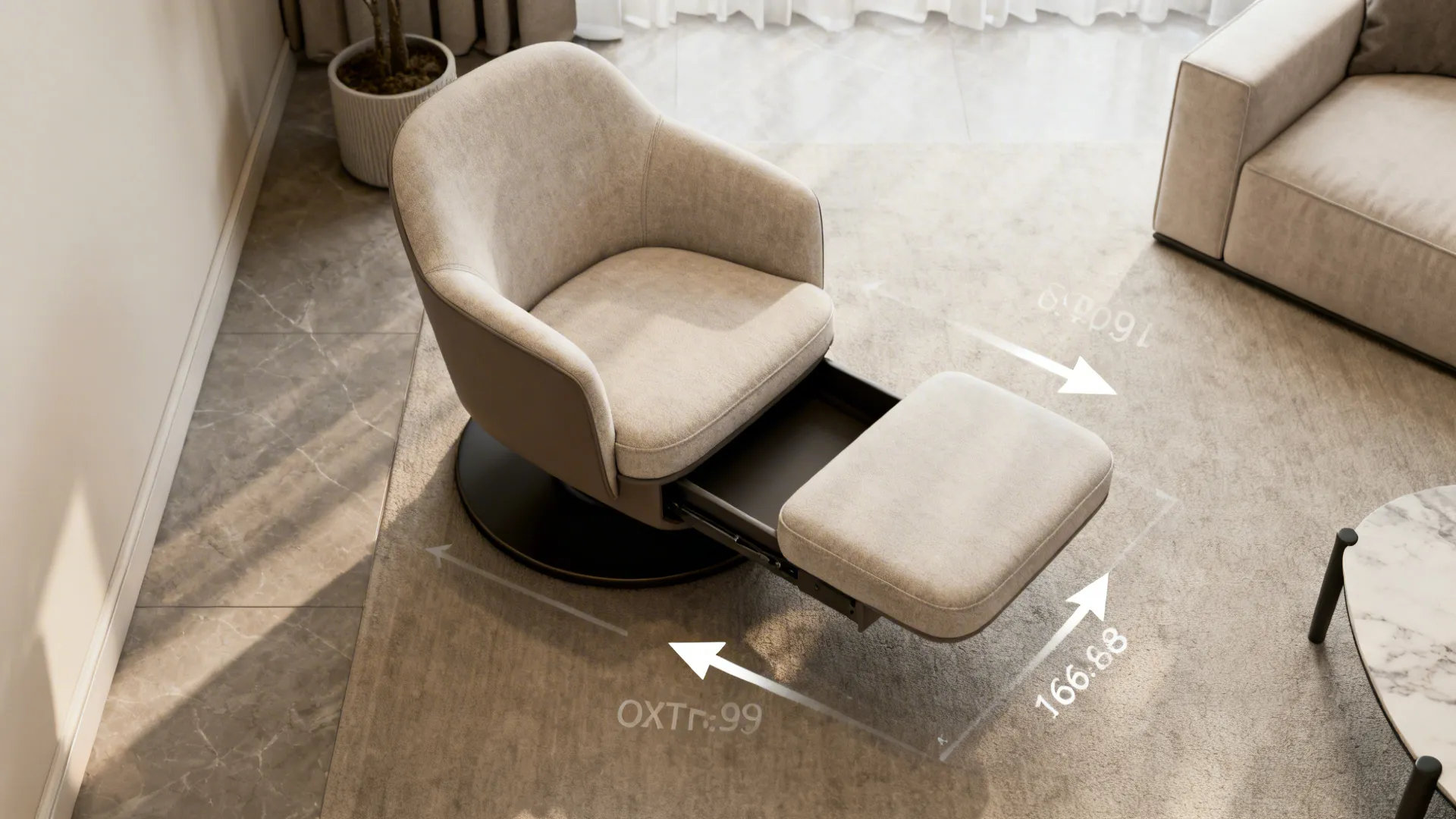 Top-down view of a swivel accent chair with a matching ottoman neatly tucking under the seat in a small living space.