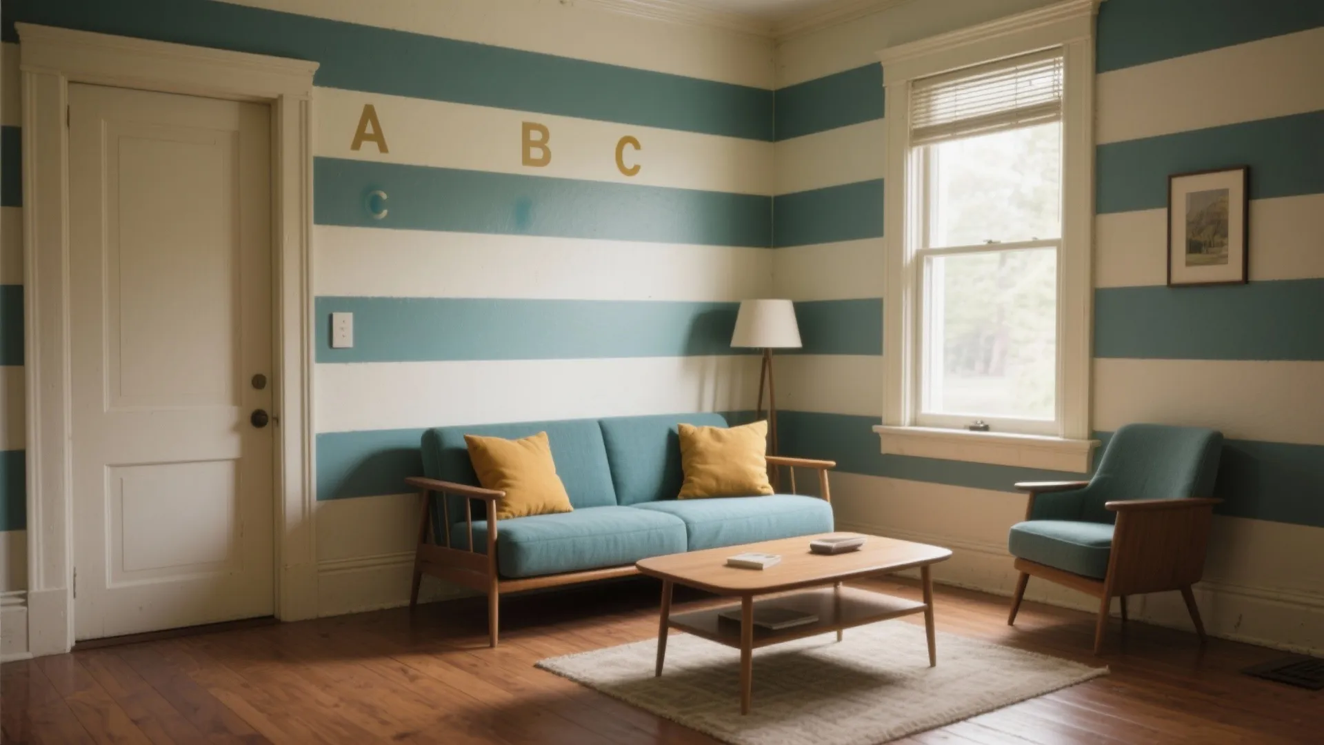 Living room with blue striped walls teal sofa yellow pillows wooden coffee table and floor lamp